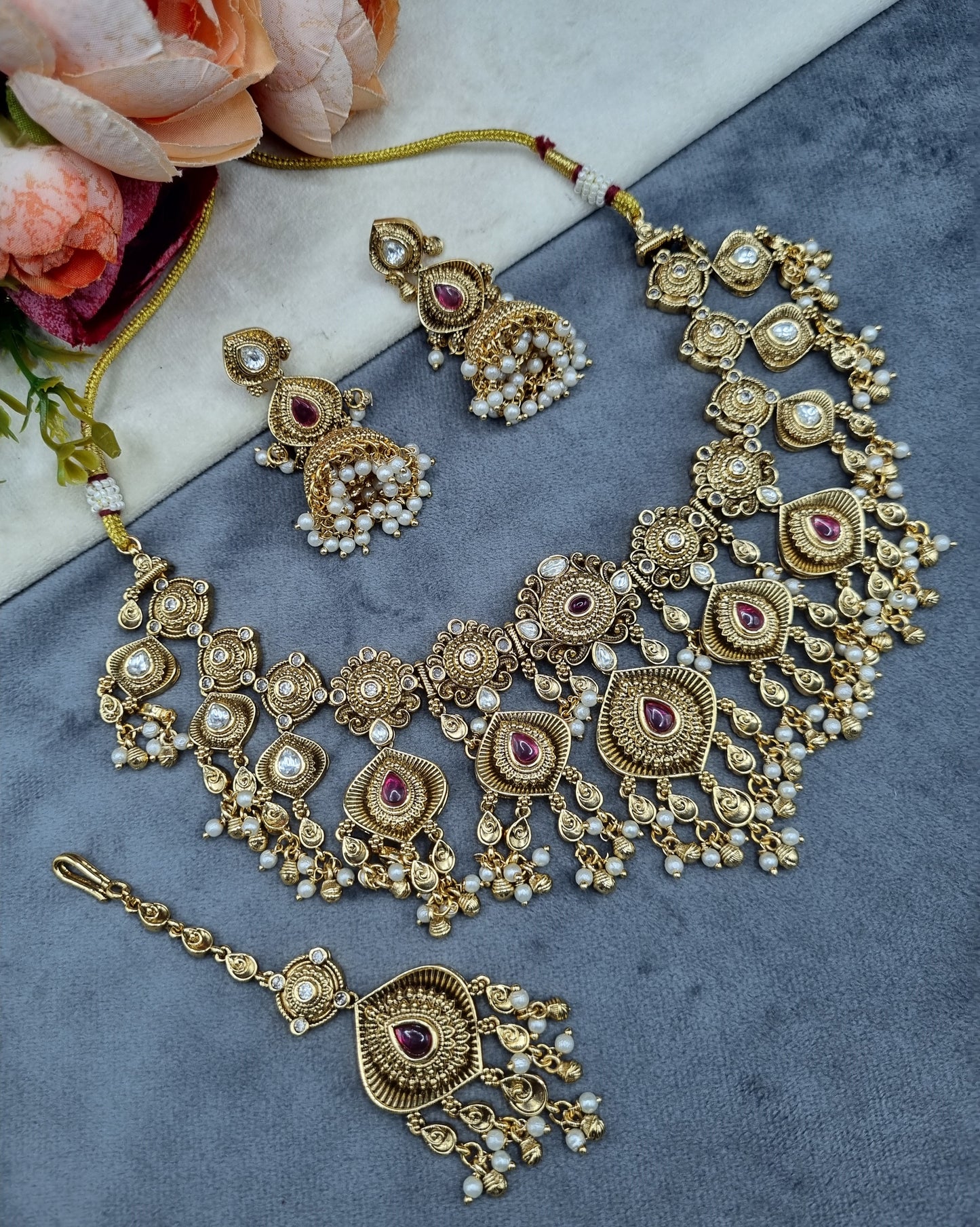 Antique Gold Floral Necklace Set with Jhumka Earrings & Maangtikka