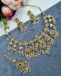 Antique Gold Floral Necklace Set with Jhumka Earrings & Maangtikka