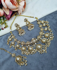 Antique Gold Floral Necklace Set with Jhumka Earrings & Maangtikka