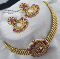 Copper Gold-Plated Bead Necklace with Ruby & Emerald Stones