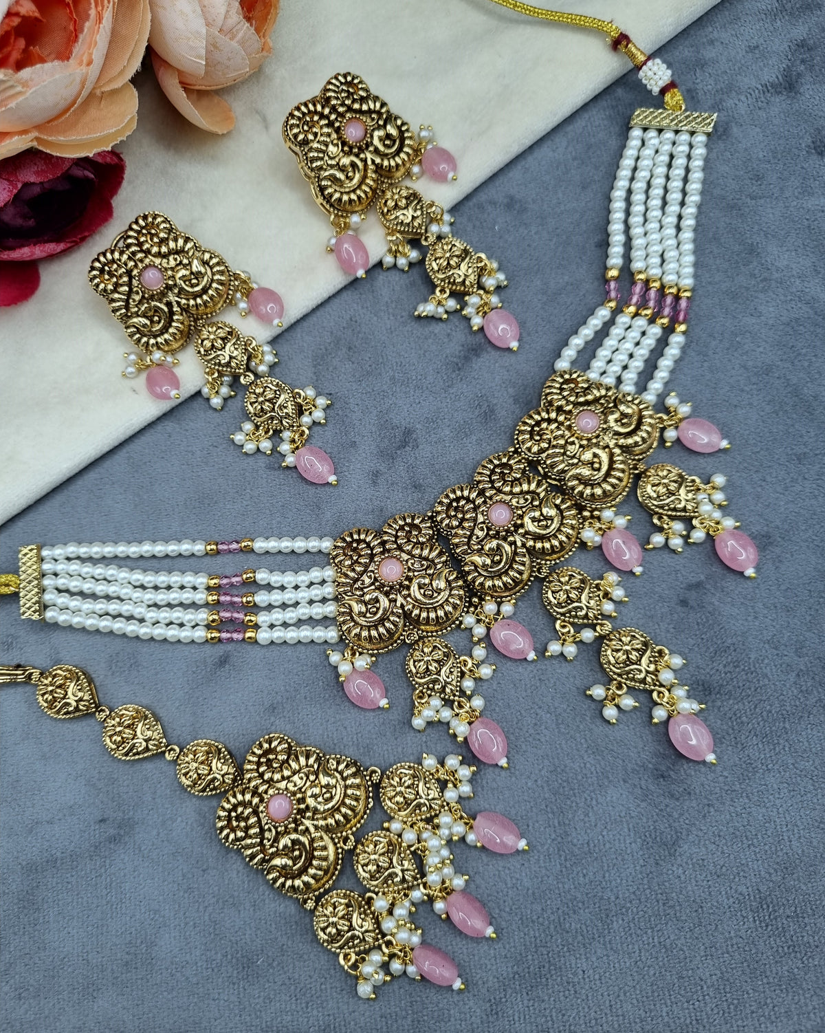 Antique Gold Pearl Strand Choker Necklace Set with Earrings & Maangtikka