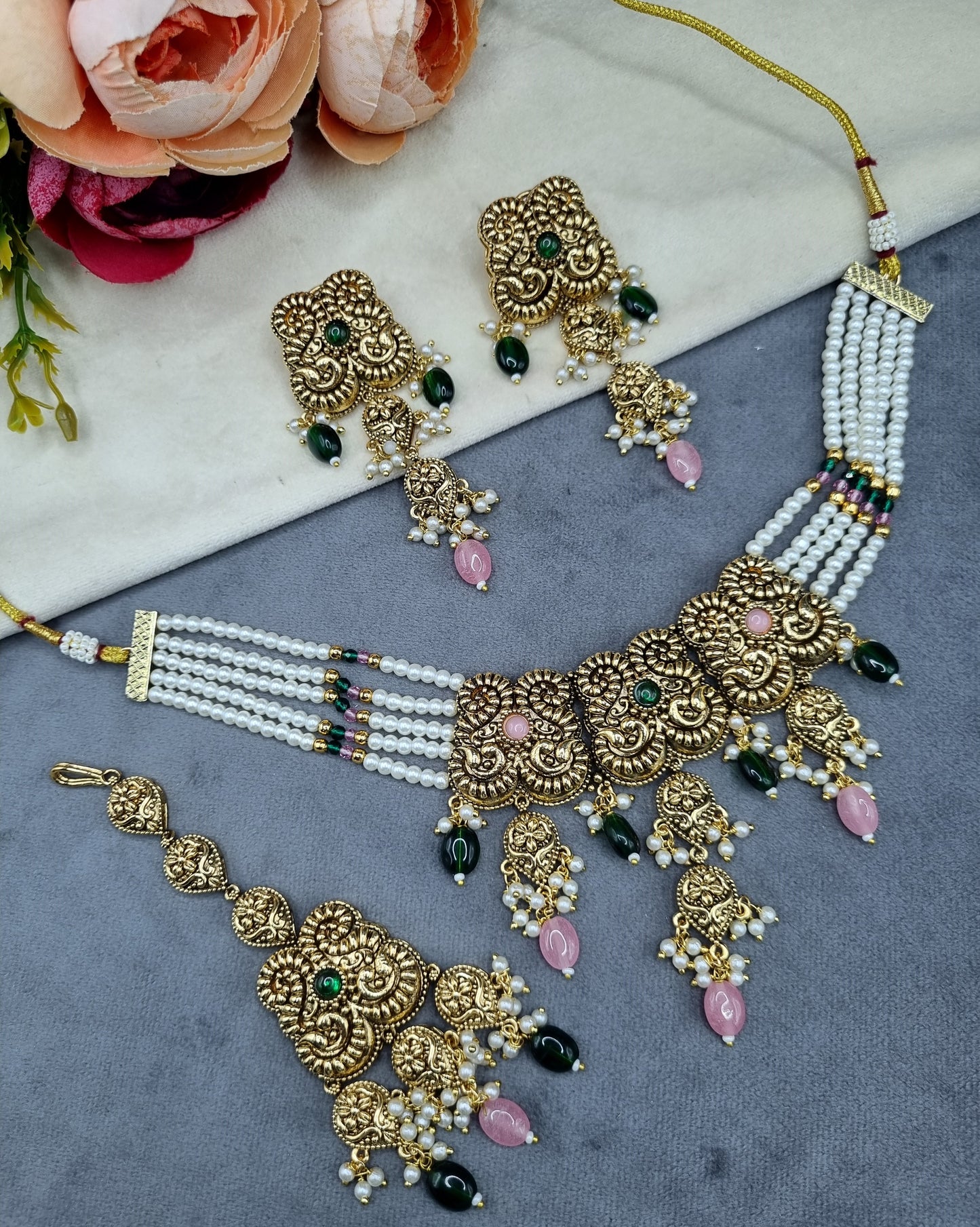 Antique Gold Pearl Strand Choker Necklace Set with Earrings & Maangtikka