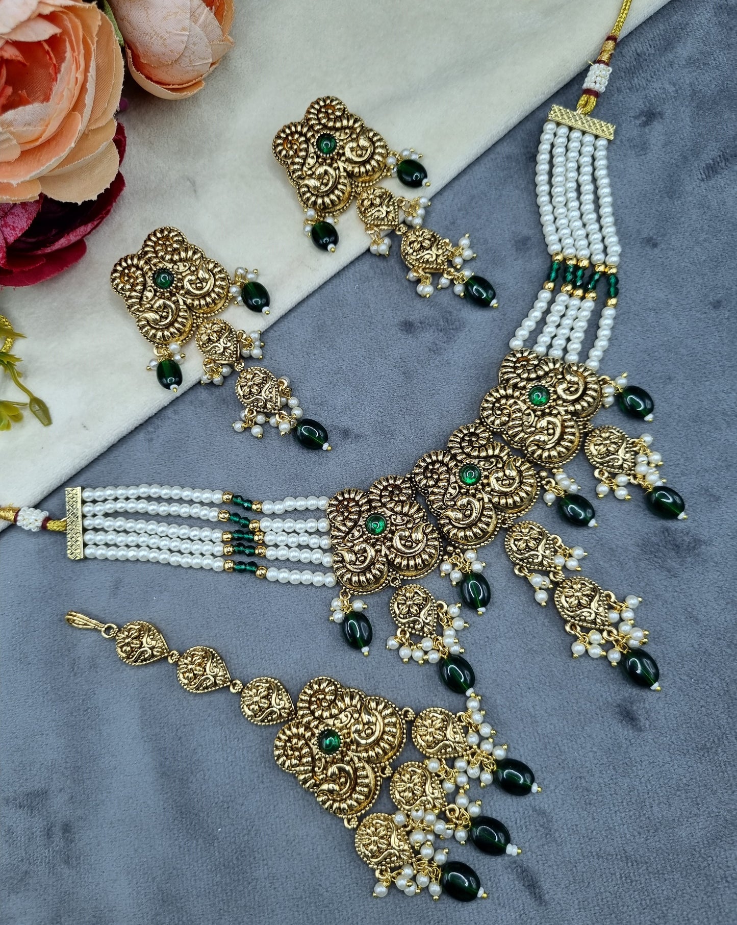 Antique Gold Pearl Strand Choker Necklace Set with Earrings & Maangtikka