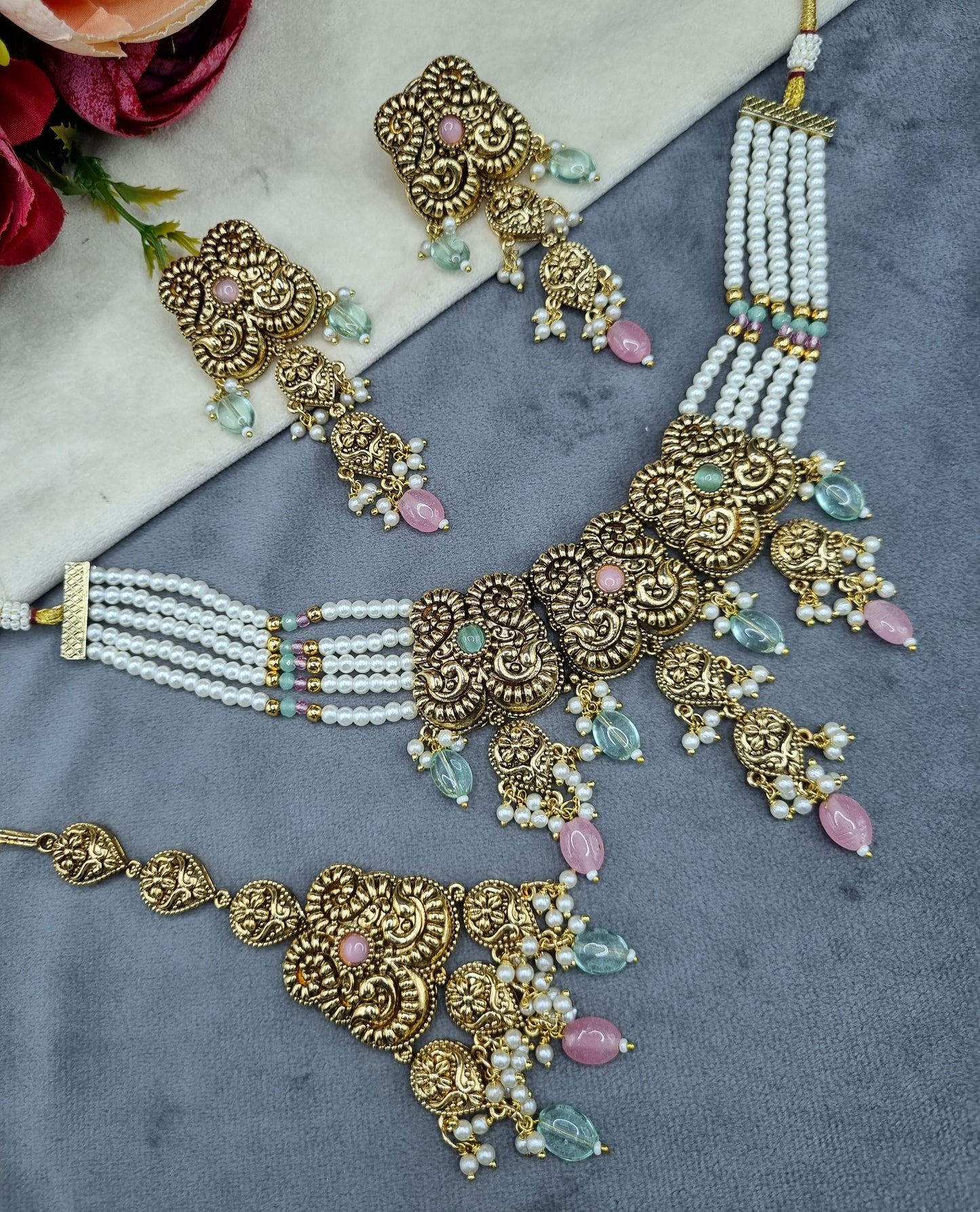 Antique Gold Pearl Strand Choker Necklace Set with Earrings & Maangtikka