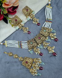 Antique Gold Pearl Strand Choker Necklace Set with Earrings & Maangtikka