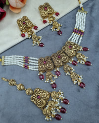 Antique Gold Pearl Strand Choker Necklace Set with Earrings & Maangtikka