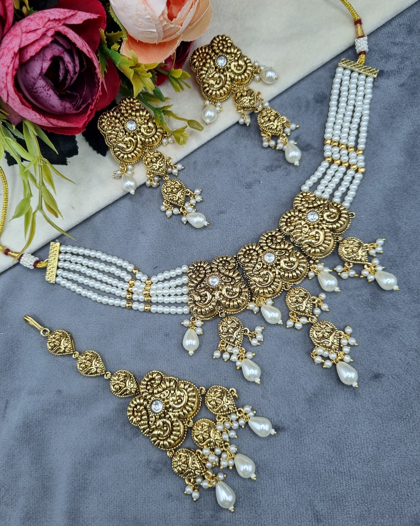 Antique Gold Pearl Strand Choker Necklace Set with Earrings & Maangtikka