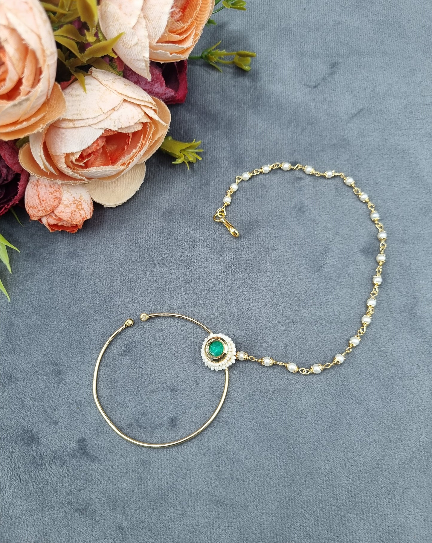 Traditional Stone & Pearl Studded Hoop Nath with Pearl Beaded Chain