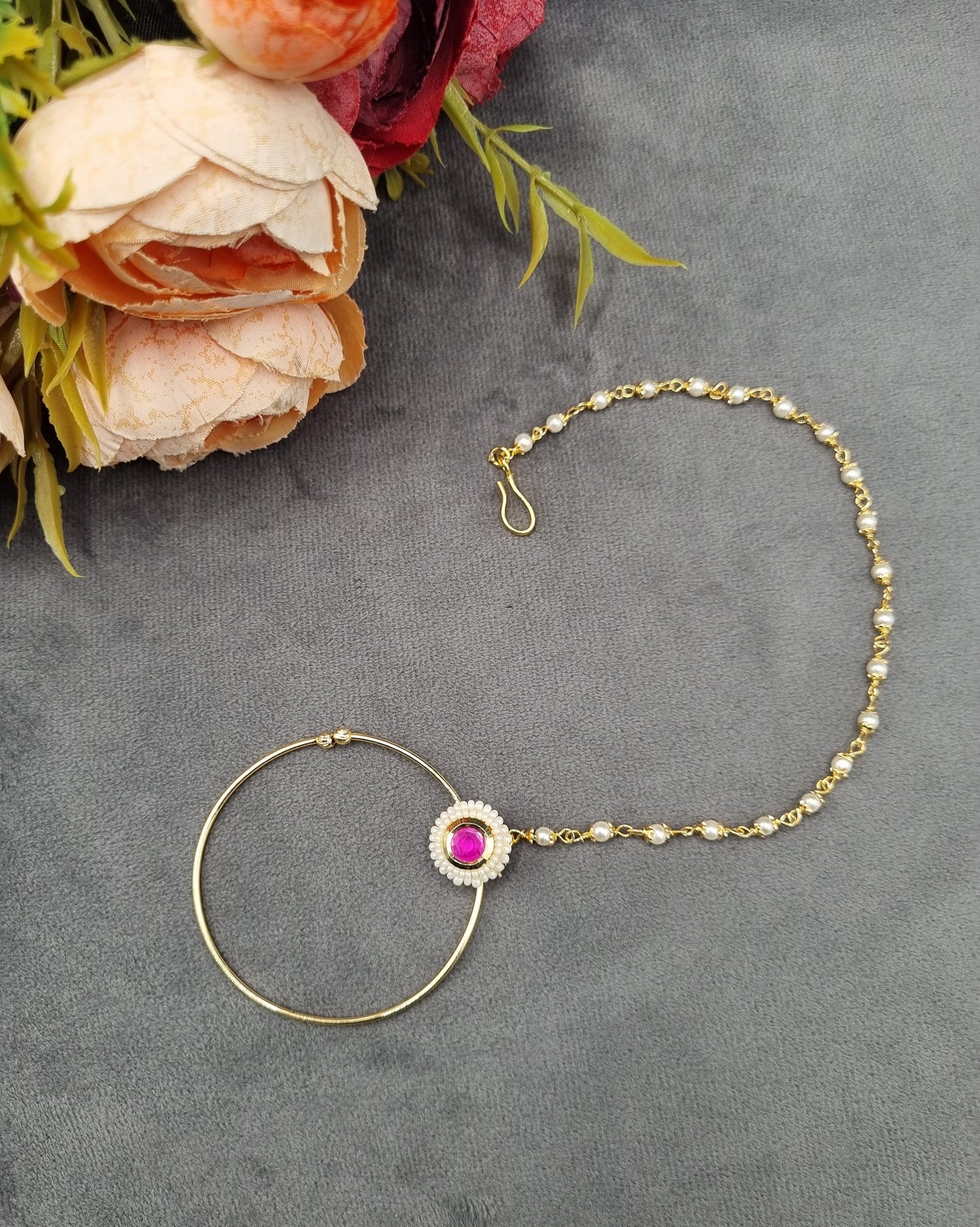 Traditional Stone & Pearl Studded Hoop Nath with Pearl Beaded Chain