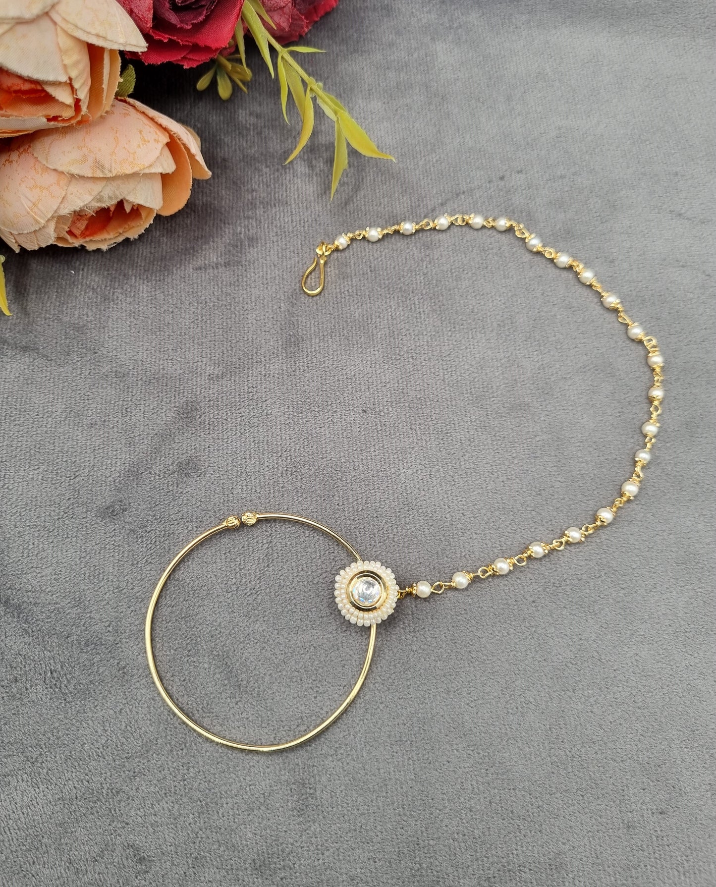 Traditional Stone & Pearl Studded Hoop Nath with Pearl Beaded Chain