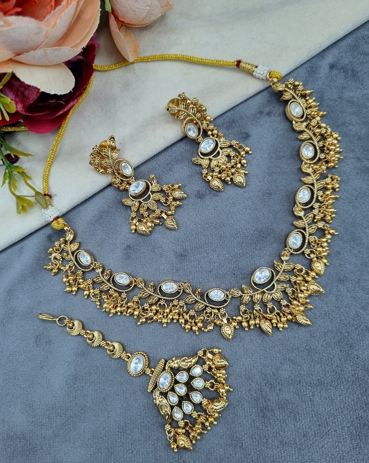 Floral Vine Stone Studded Jewelry Set with Tikka