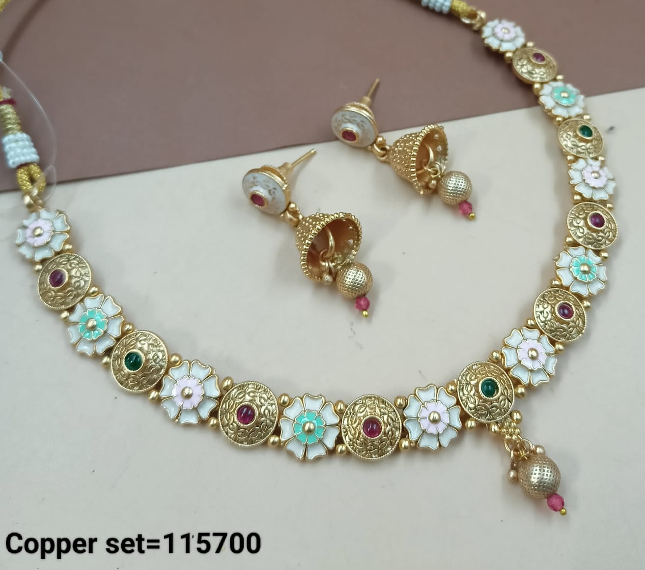 Latest Flower Design Traditional Gold Polish Copper Choker Necklace Jewellery Set With Earrings For Woman