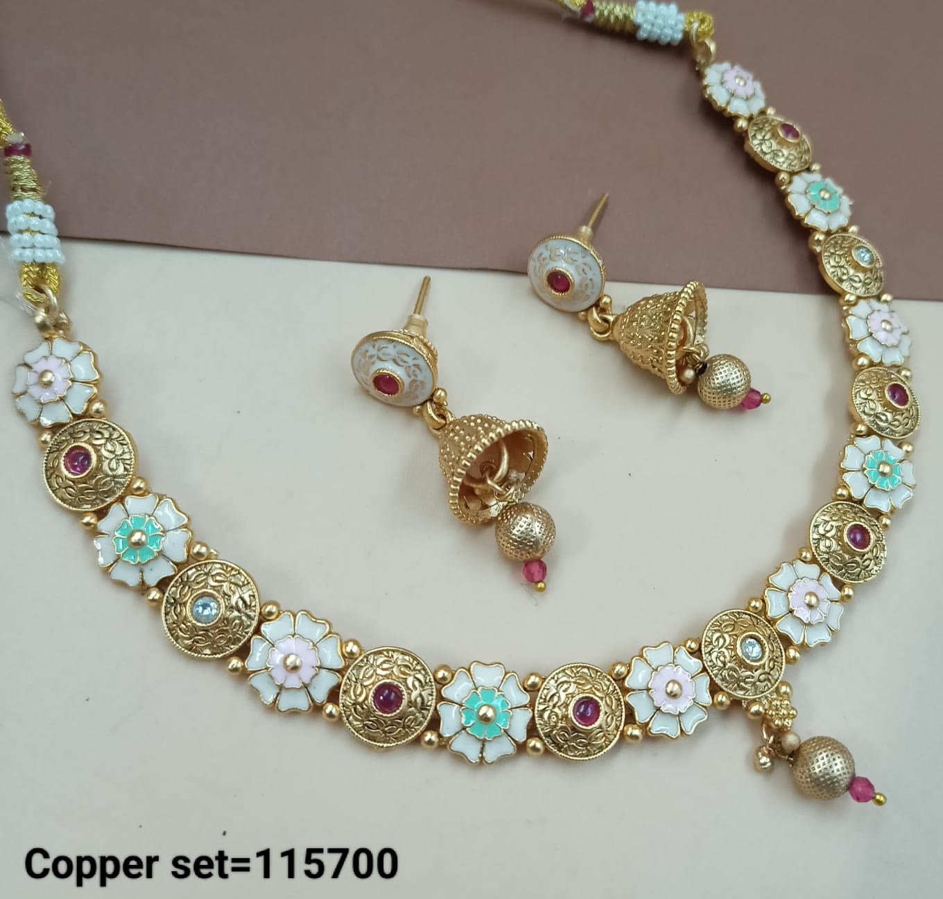 Latest Flower Design Traditional Gold Polish Copper Choker Necklace Jewellery Set With Earrings For Woman