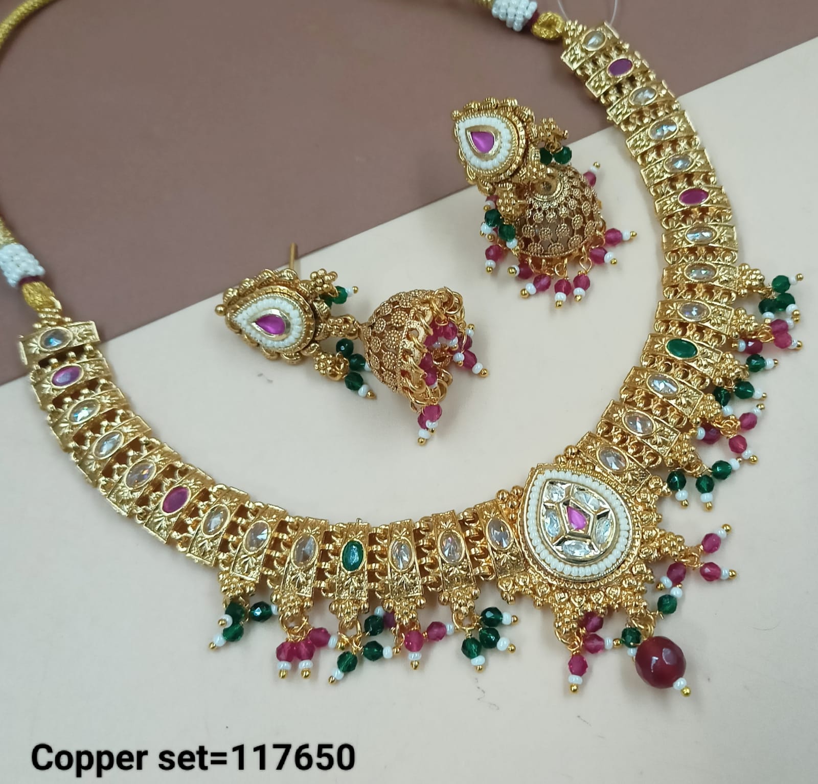 Gold Polish Copper Choker Necklace Jewellery Set With Earrings For Woman