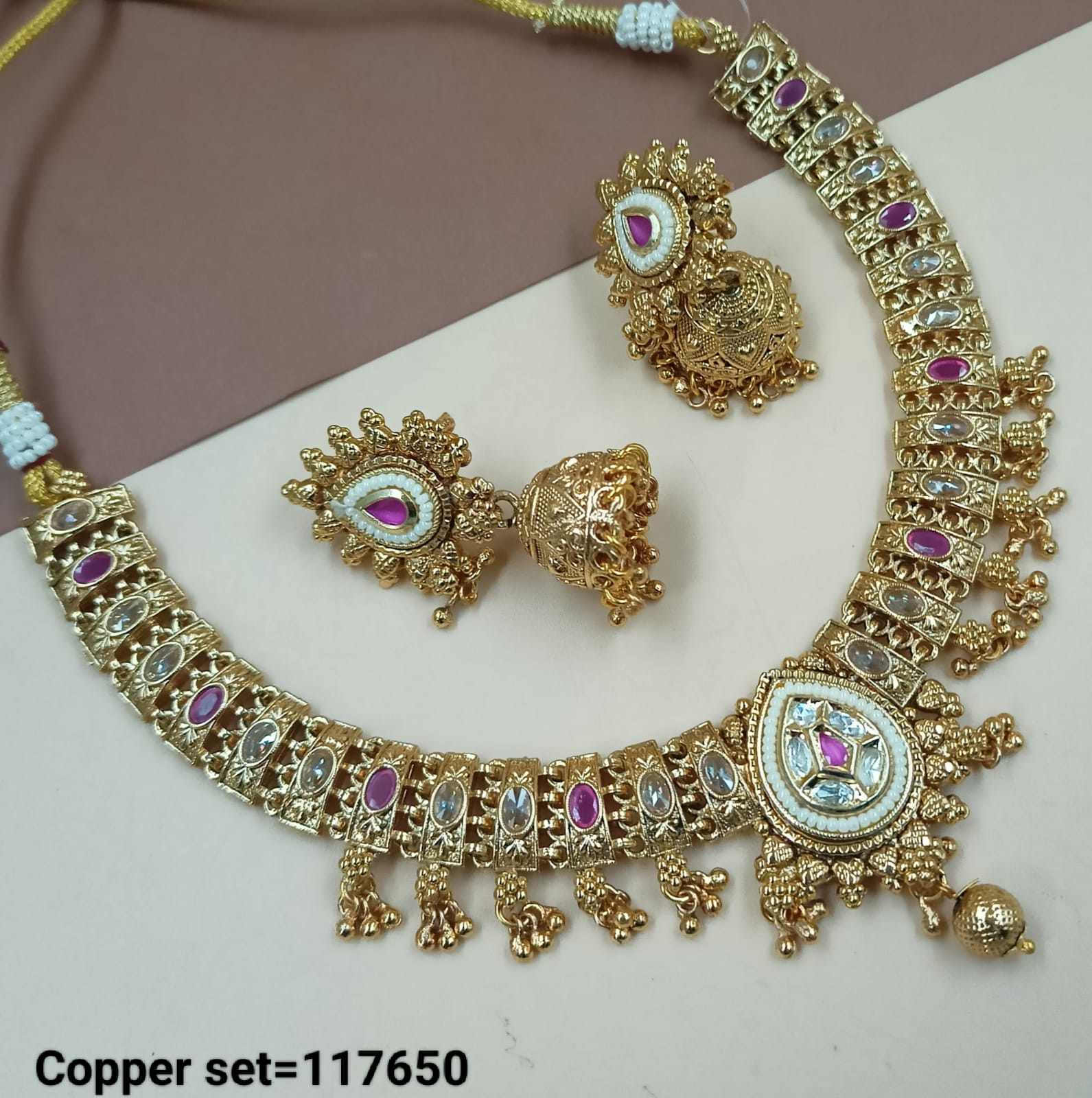 Gold Polish Copper Choker Necklace Jewellery Set With Earrings For Woman