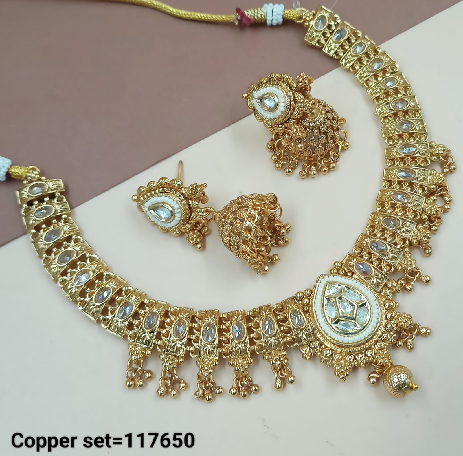 Gold Polish Copper Choker Necklace Jewellery Set With Earrings For Woman