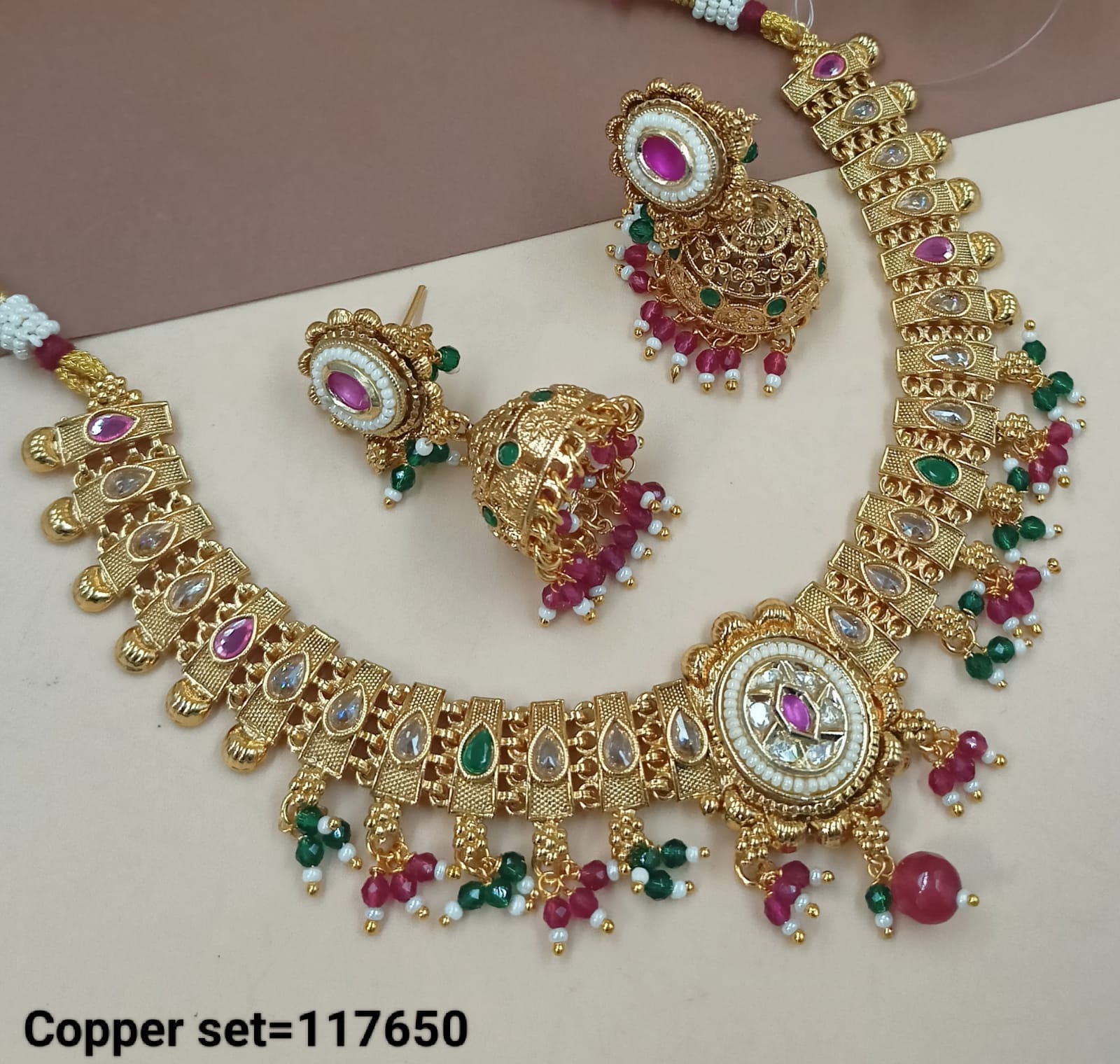 Gold Polish Copper Choker  Necklace Traditional Jewellery Set With Earring For Woman