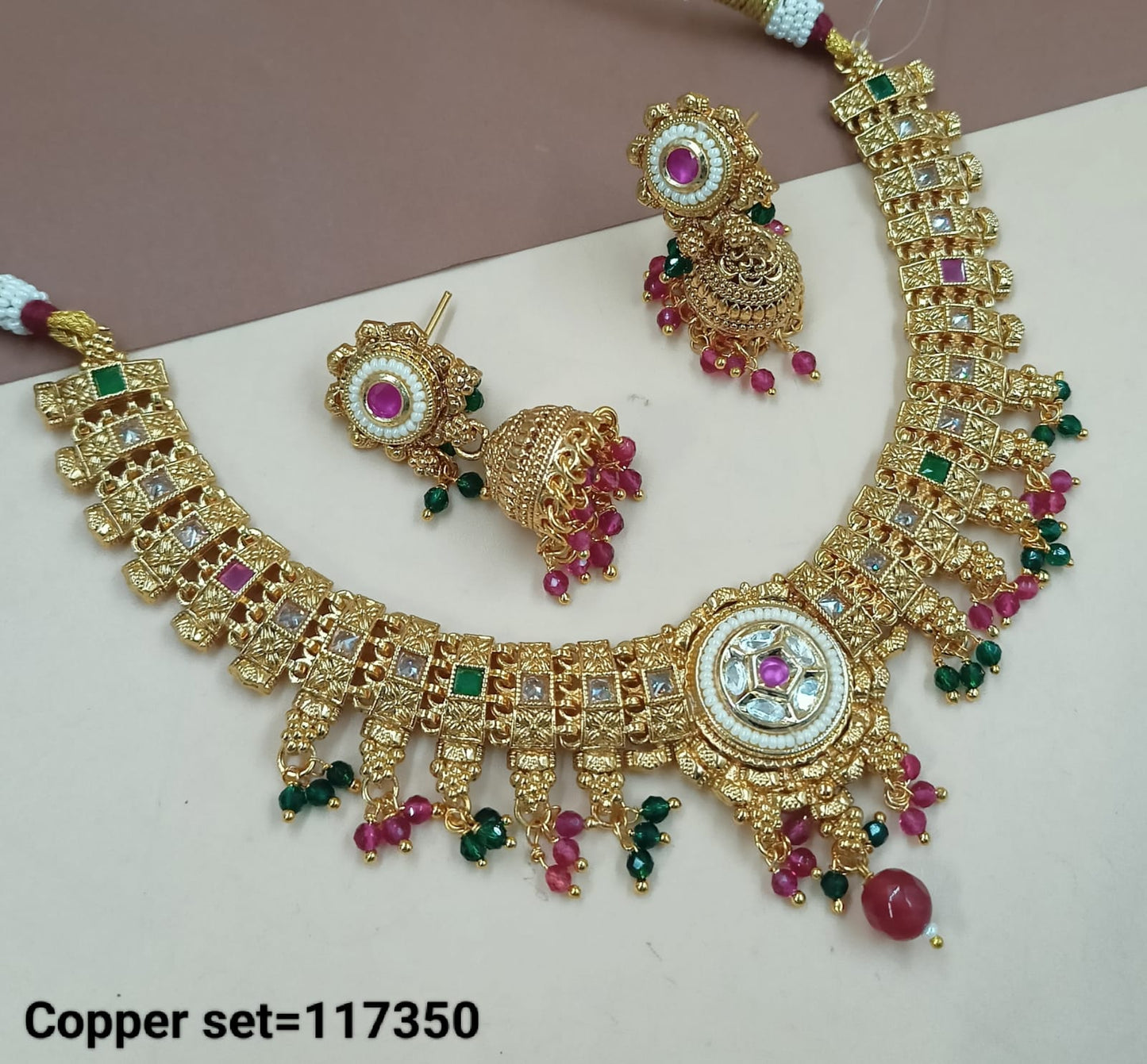 Latest Gold Polish Copper Choker  Necklace Traditional  Drop Jewellery Set With Earring For Woman