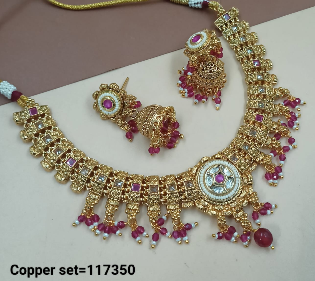 Latest Gold Polish Copper Choker  Necklace Traditional  Drop Jewellery Set With Earring For Woman