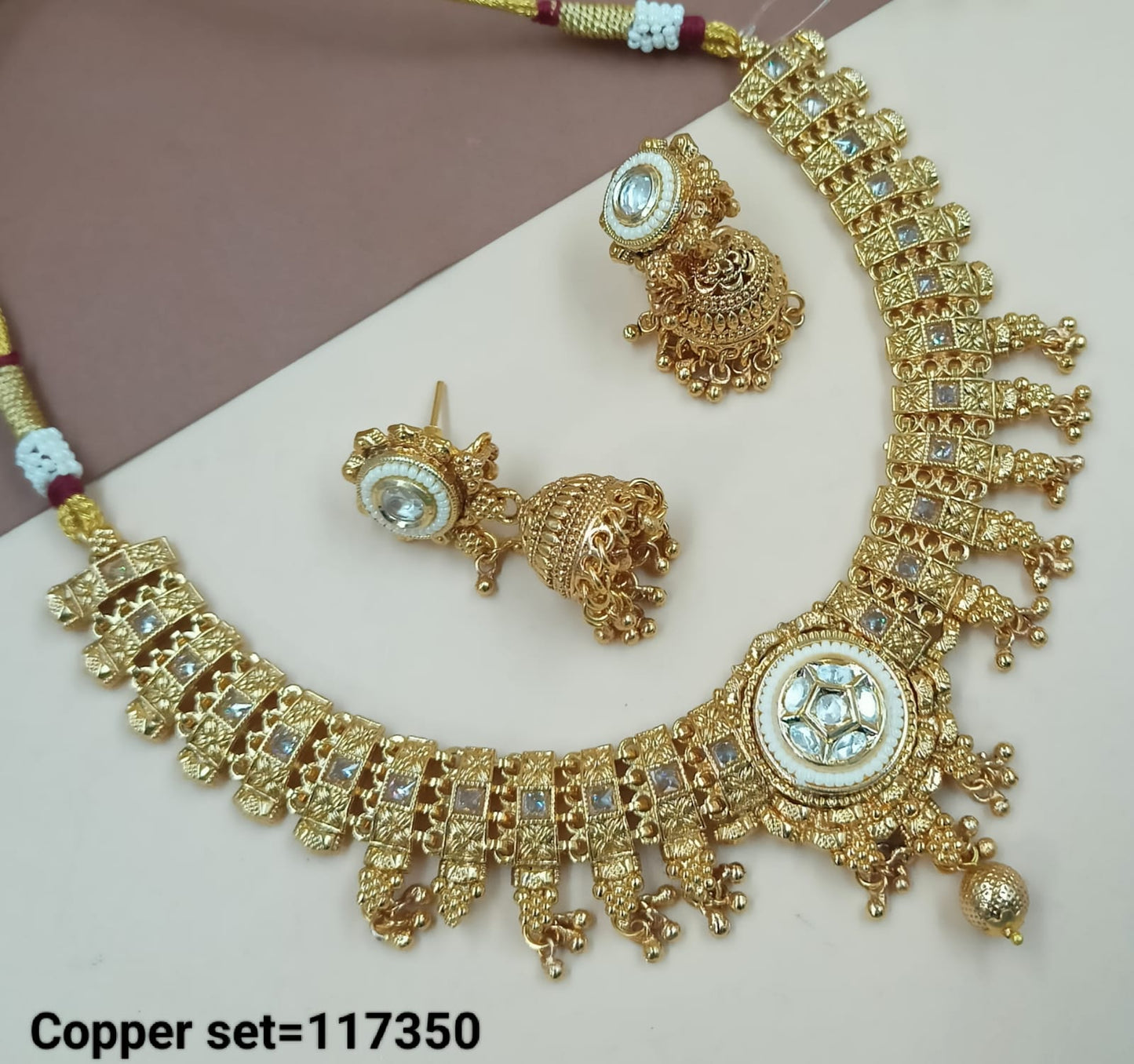 Latest Gold Polish Copper Choker  Necklace Traditional  Drop Jewellery Set With Earring For Woman