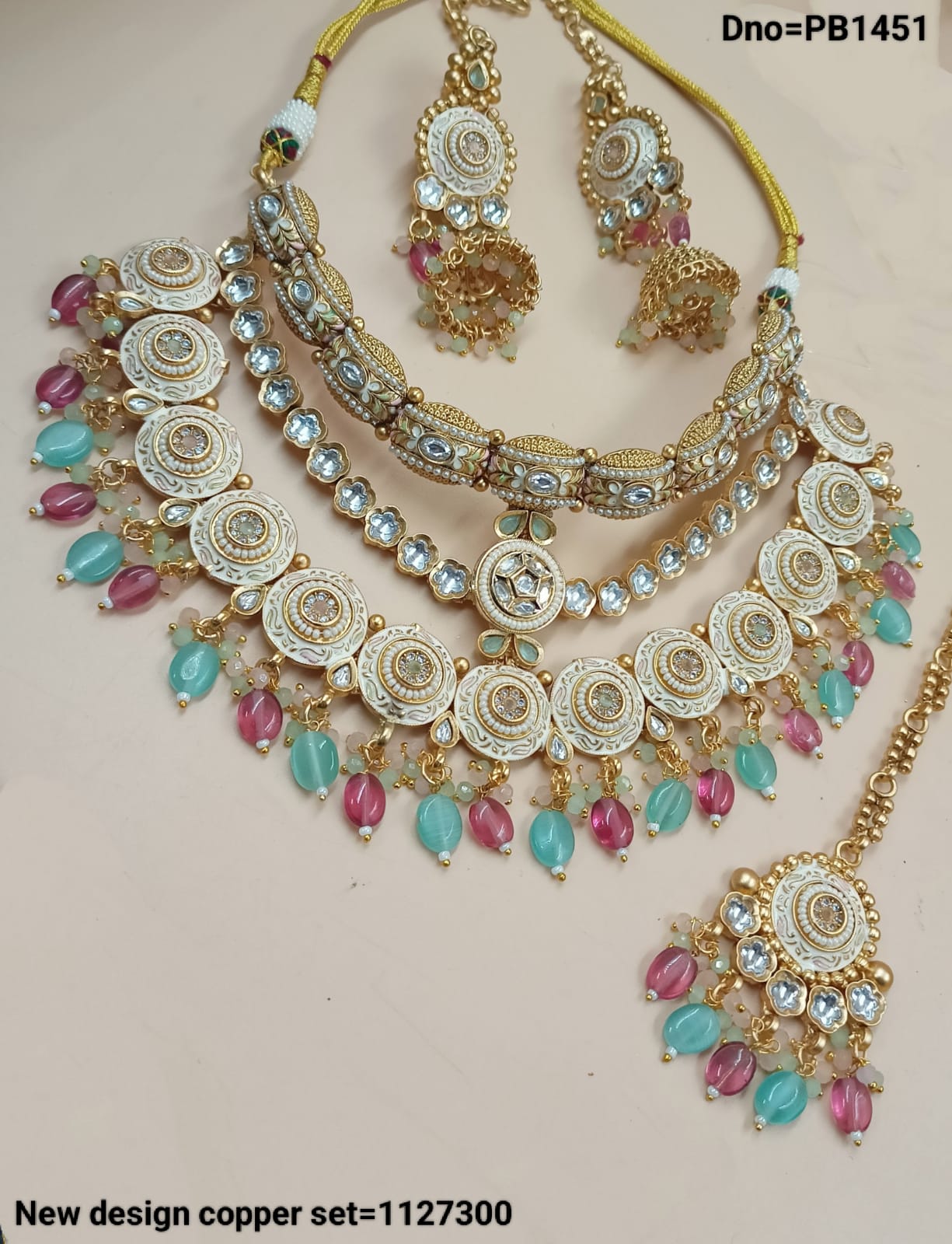 Traditional Gold Polish Copper Necklace Kundan Stud Wedding Jewellery Set With Earrings & Mangtika  For Woman