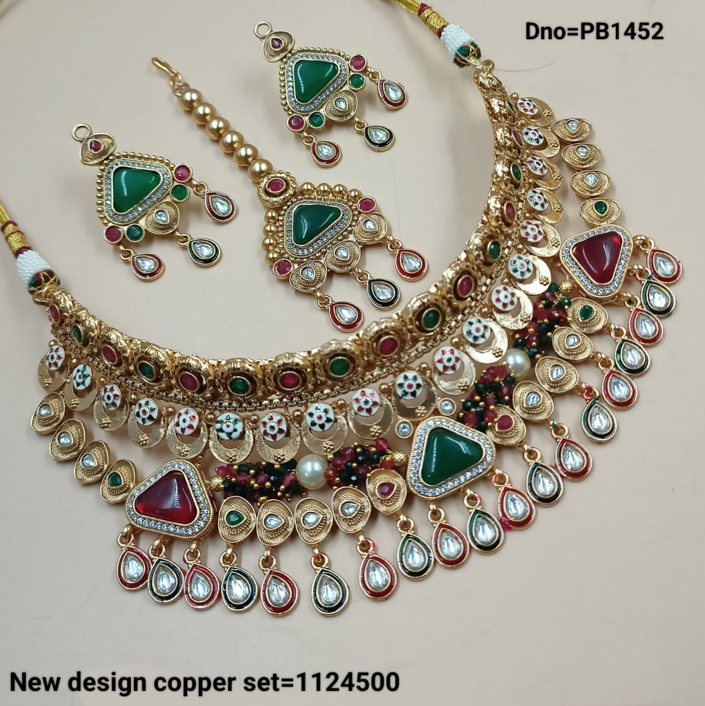 Traditional Gold Polish Copper Necklace Kundan Stud Wedding Jewellery Set With Earrings & Mangtika  For Woman