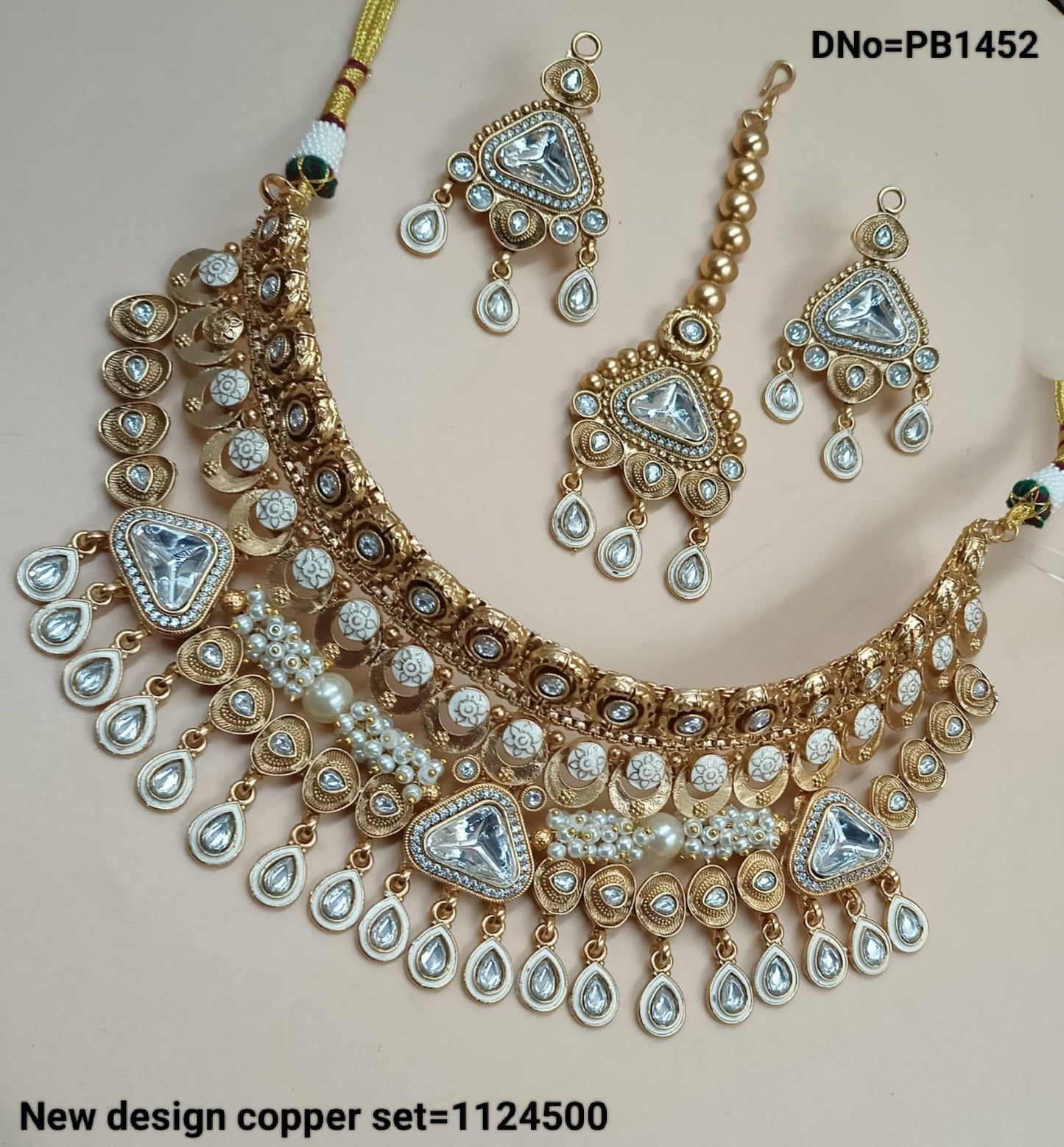 Traditional Gold Polish Copper Necklace Kundan Stud Wedding Jewellery Set With Earrings & Mangtika  For Woman