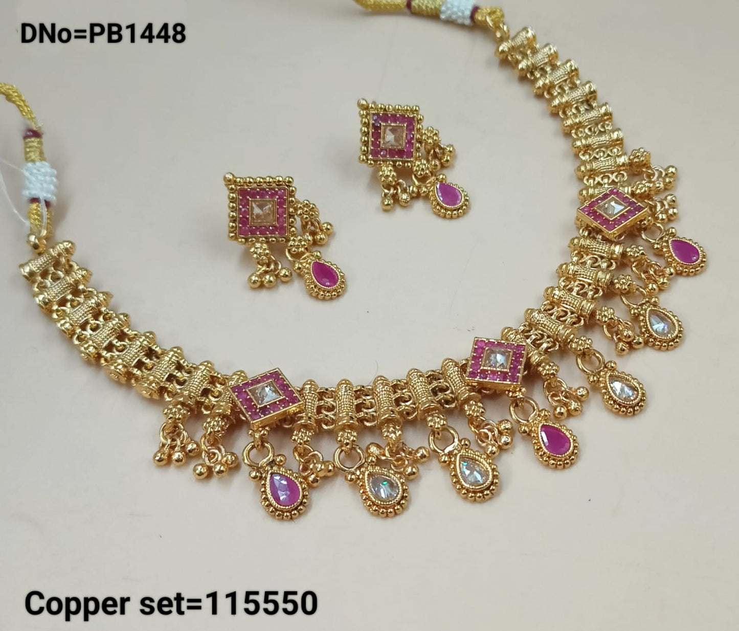 Latest Gold Polish Copper Choker Traditional Necklace Jewellery Set With Earring For Woman