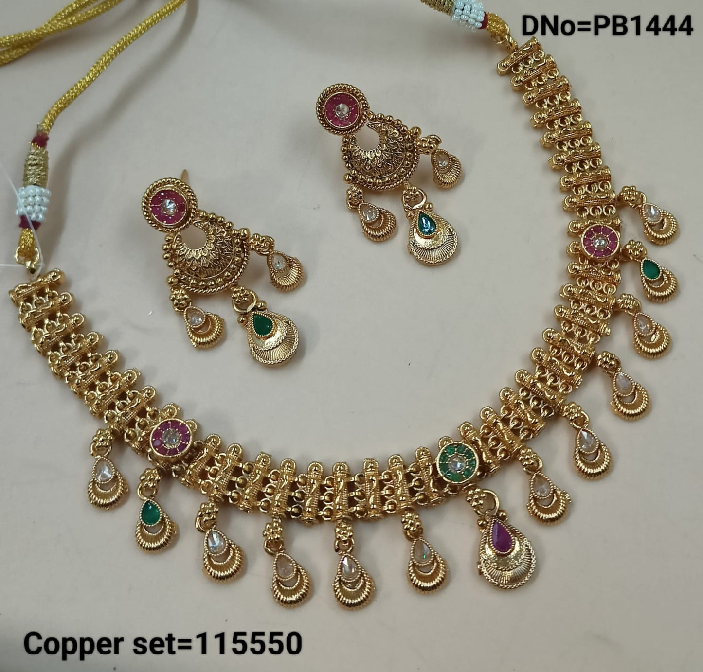 Traditional Gold Polish Copper Choker Drop  Necklace Jewellery Set With Earring For Woman