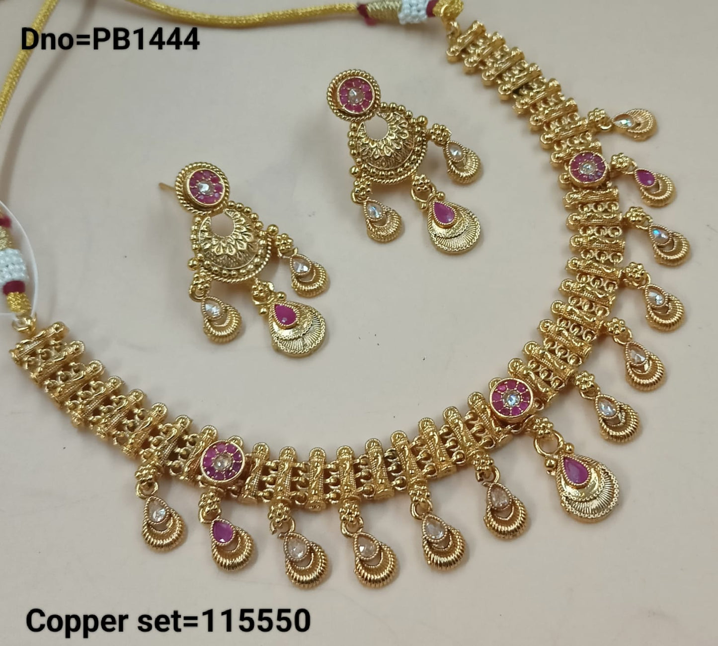 Traditional Gold Polish Copper Choker Drop  Necklace Jewellery Set With Earring For Woman