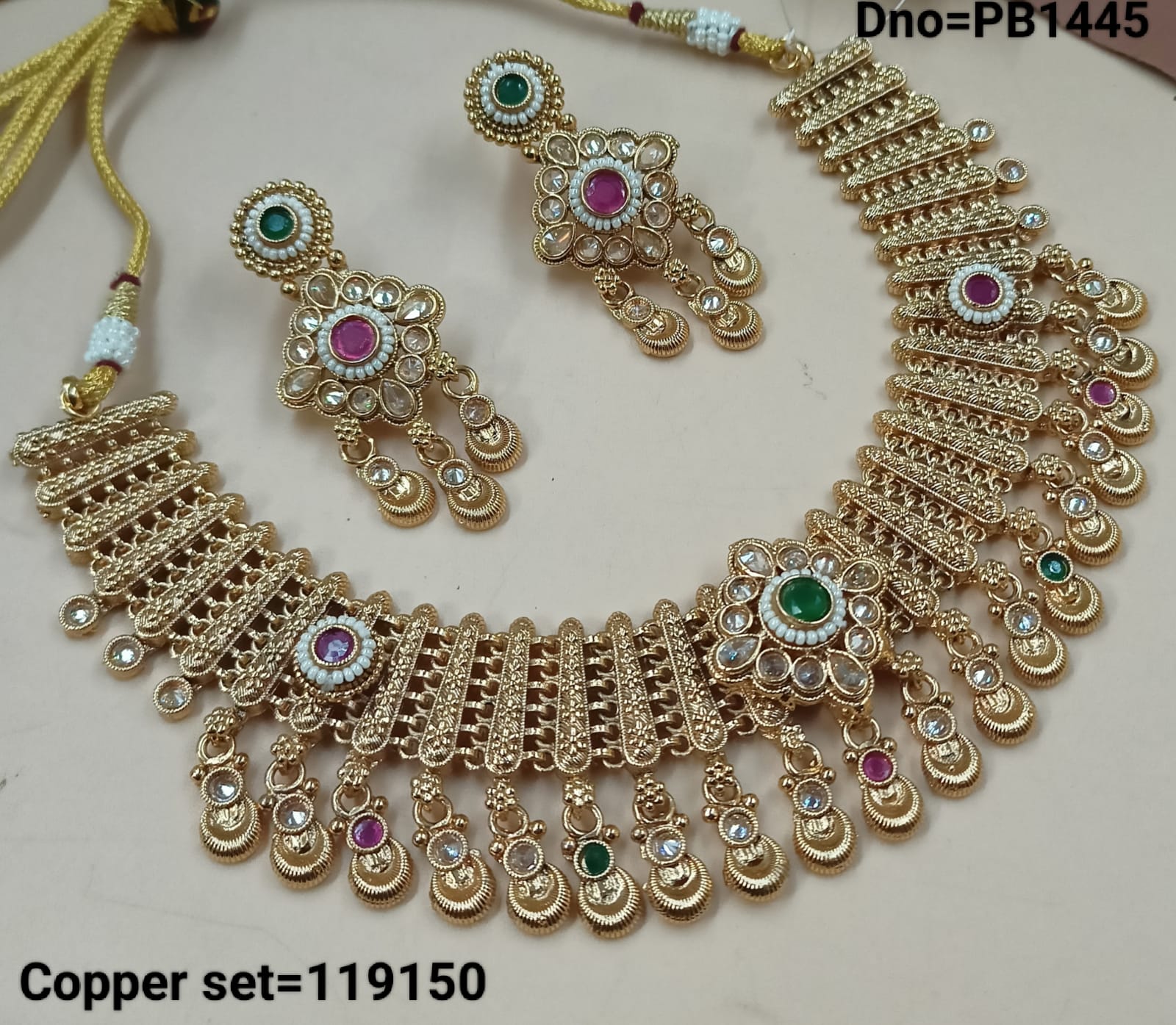 Gold Polish Copper Choker  Necklace Wedding Traditional Necklace Jewellery Set With Earring For Woman