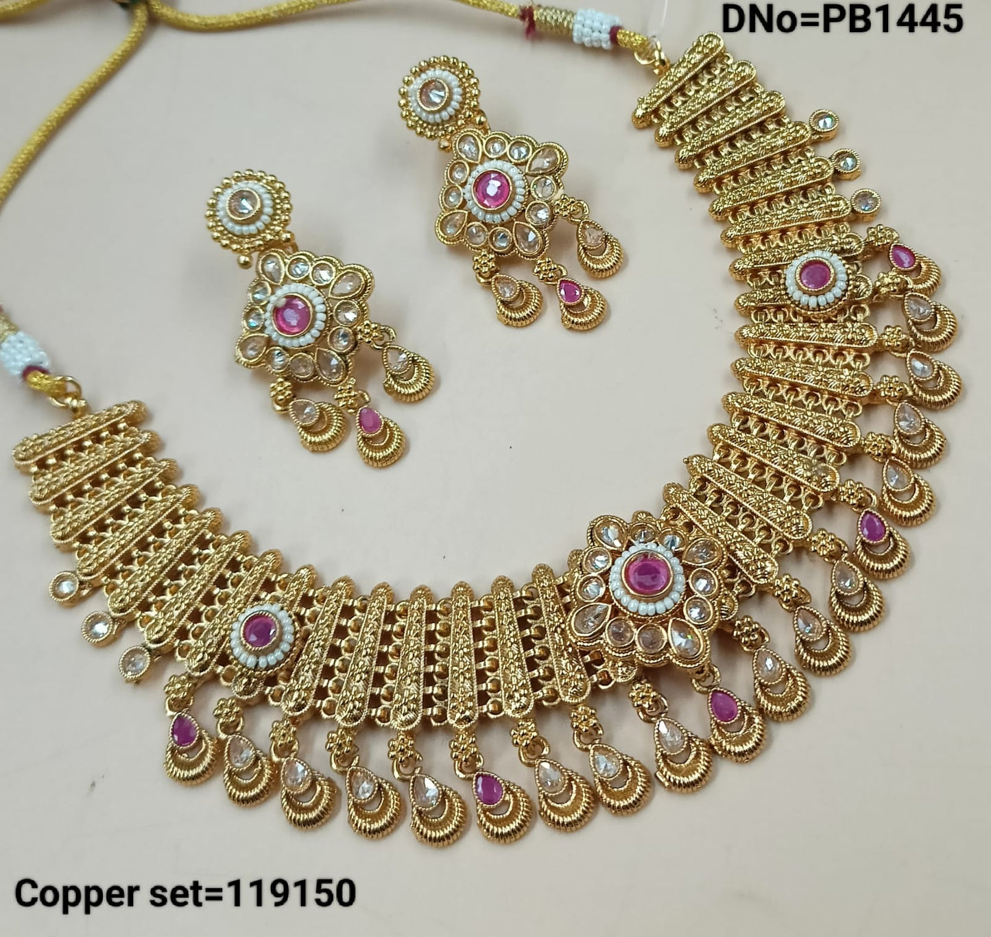 Gold Polish Copper Choker  Necklace Wedding Traditional Necklace Jewellery Set With Earring For Woman