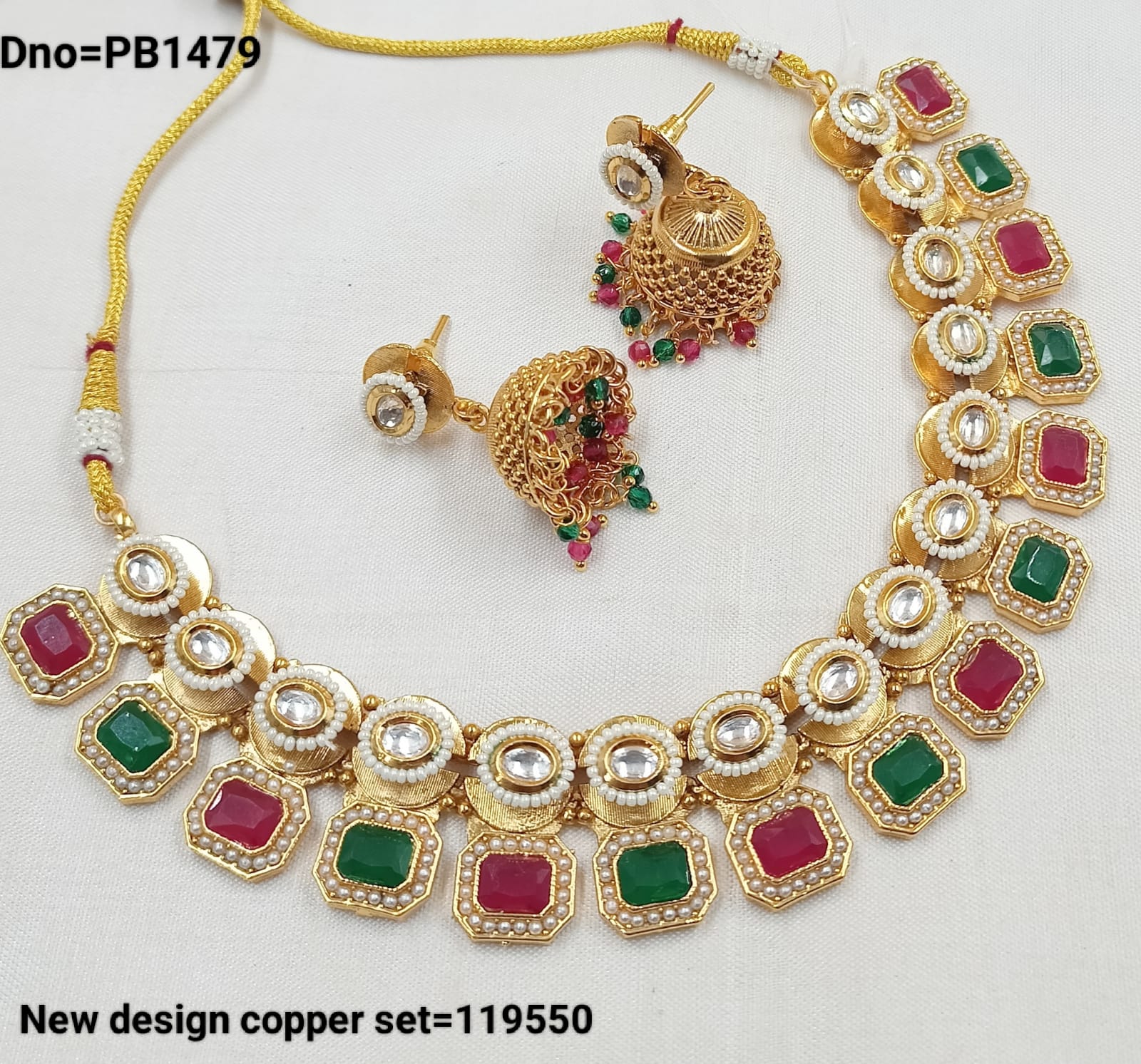 Traditional Gold Polish Copper Choker Necklace Squre  Design Jewellery Set With Earring For Woman