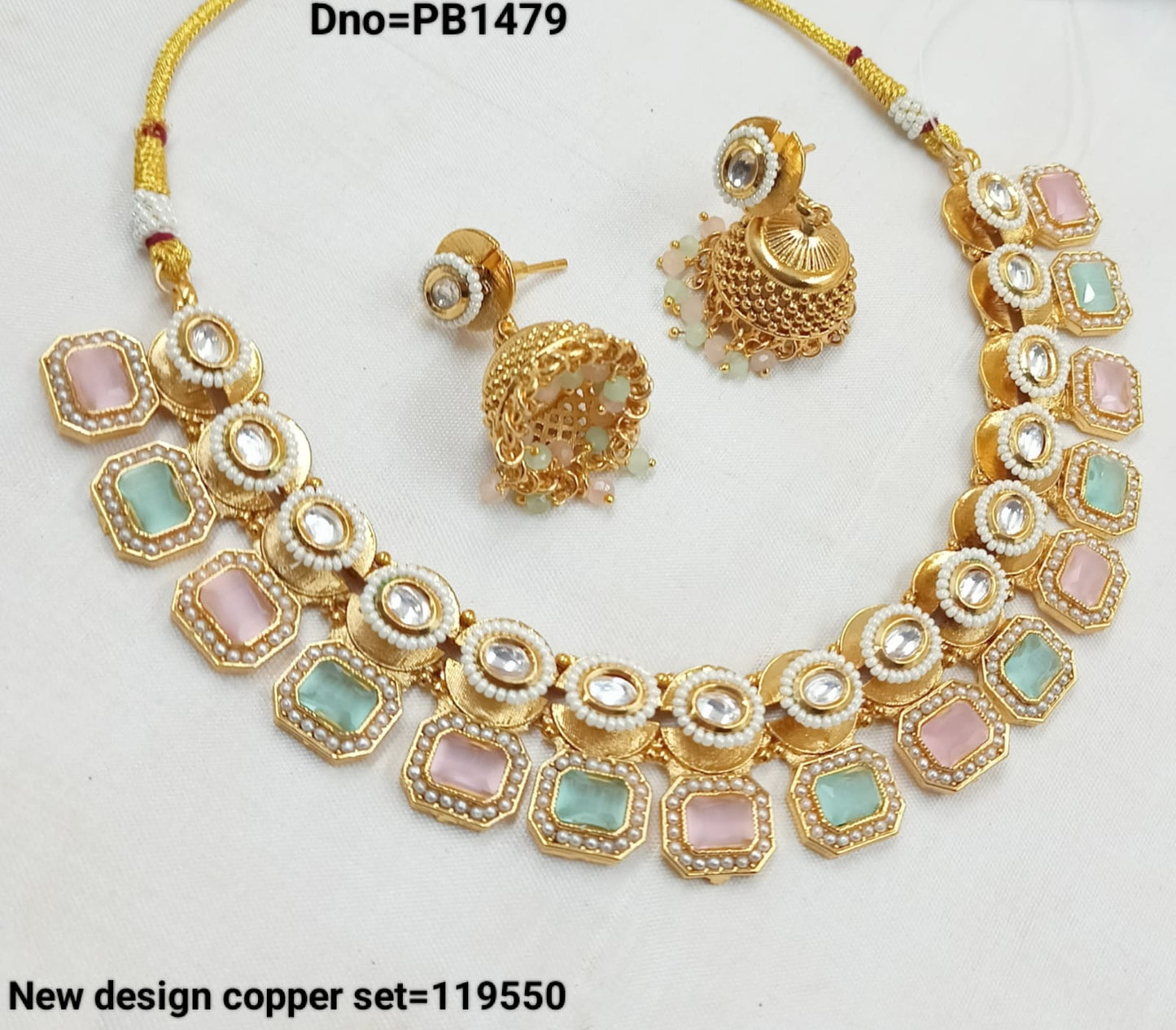 Traditional Gold Polish Copper Choker Necklace Squre  Design Jewellery Set With Earring For Woman