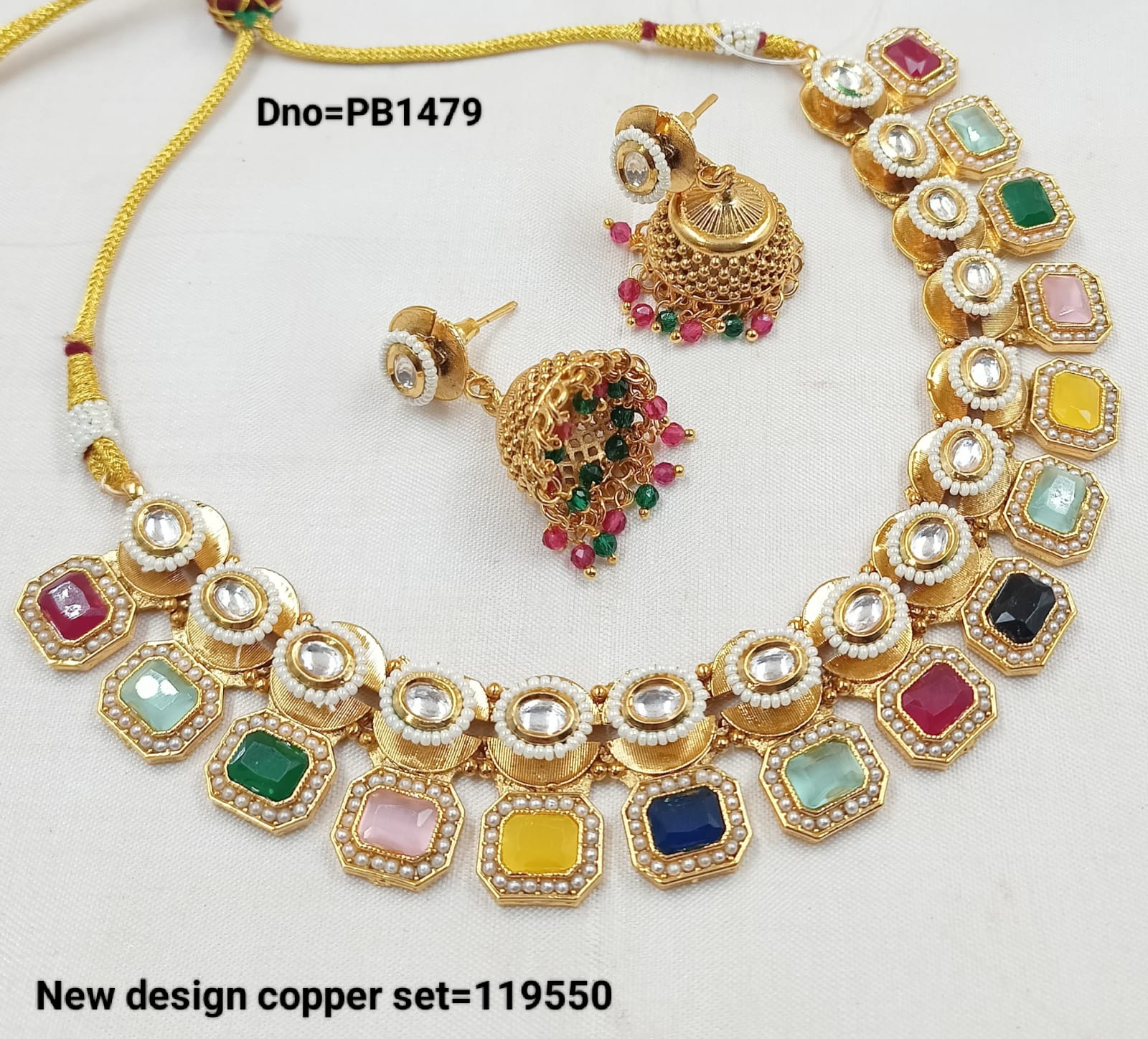 Traditional Gold Polish Copper Choker Necklace Squre  Design Jewellery Set With Earring For Woman