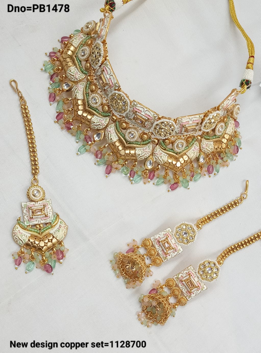 Traditional Gold Polish Copper Choker Wedding  Necklace Jewellery Set With Earring & Mangtika For Woman