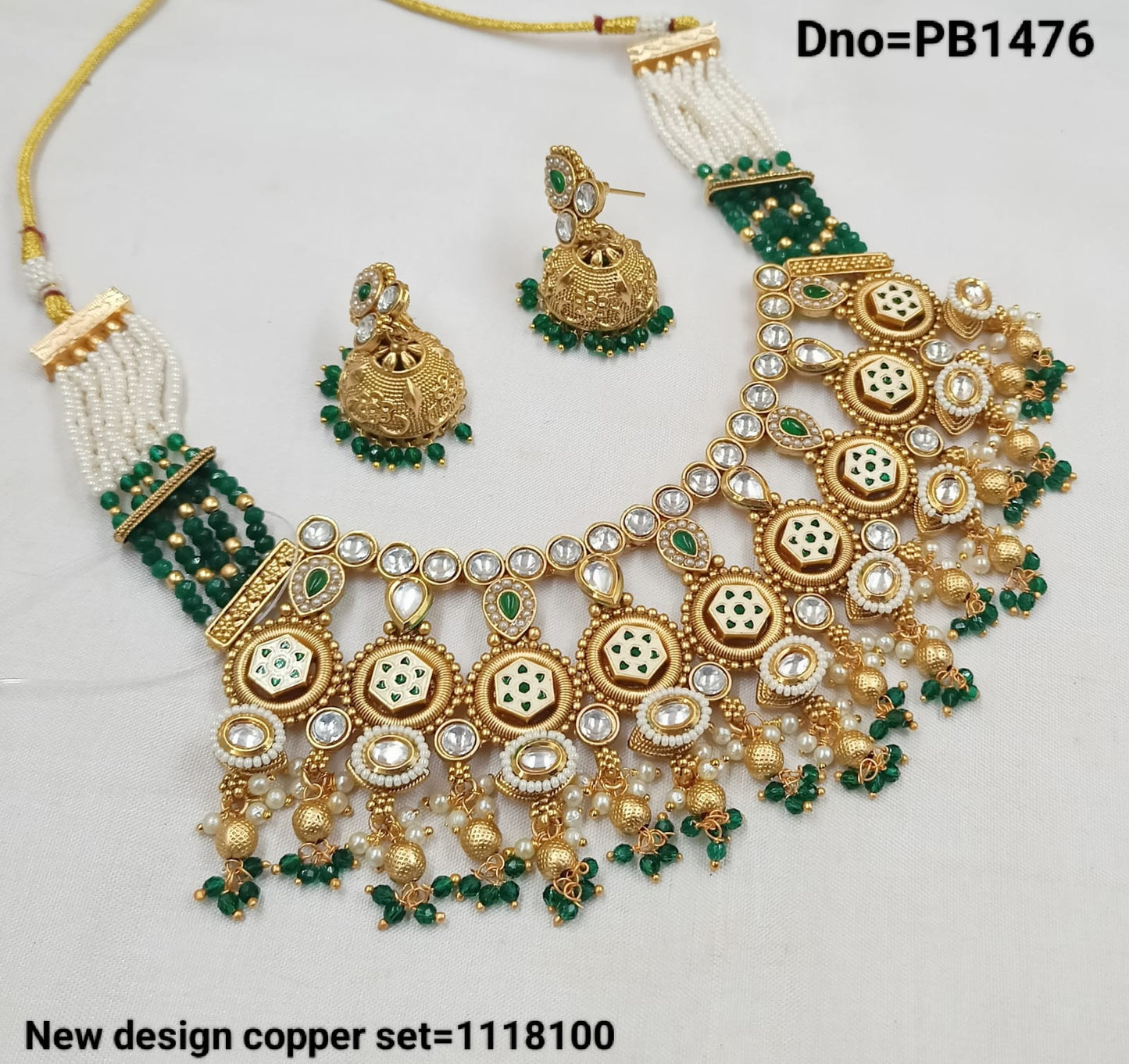 Wedding Gold Polish Copper Choker Kudan Stud Drop  Stylish Necklace Jewellery Set With Earring For Woman