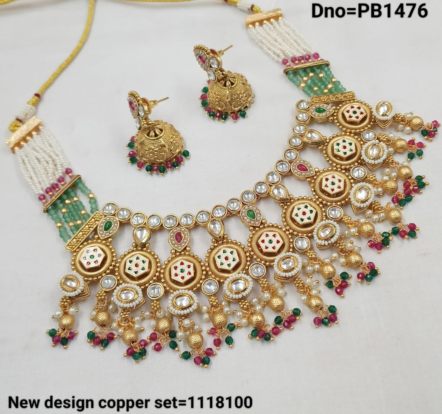 Wedding Gold Polish Copper Choker Kudan Stud Drop  Stylish Necklace Jewellery Set With Earring For Woman