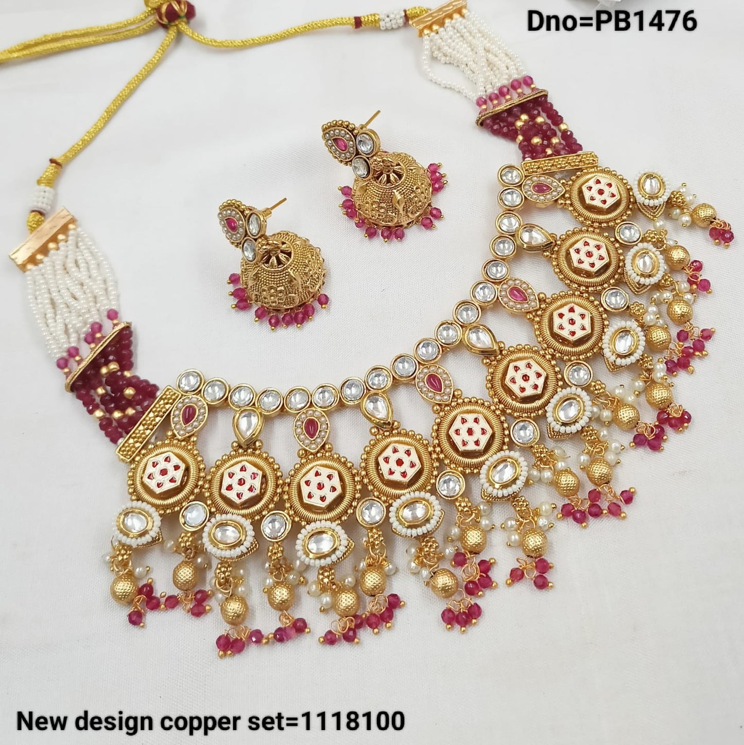 Wedding Gold Polish Copper Choker Kudan Stud Drop  Stylish Necklace Jewellery Set With Earring For Woman