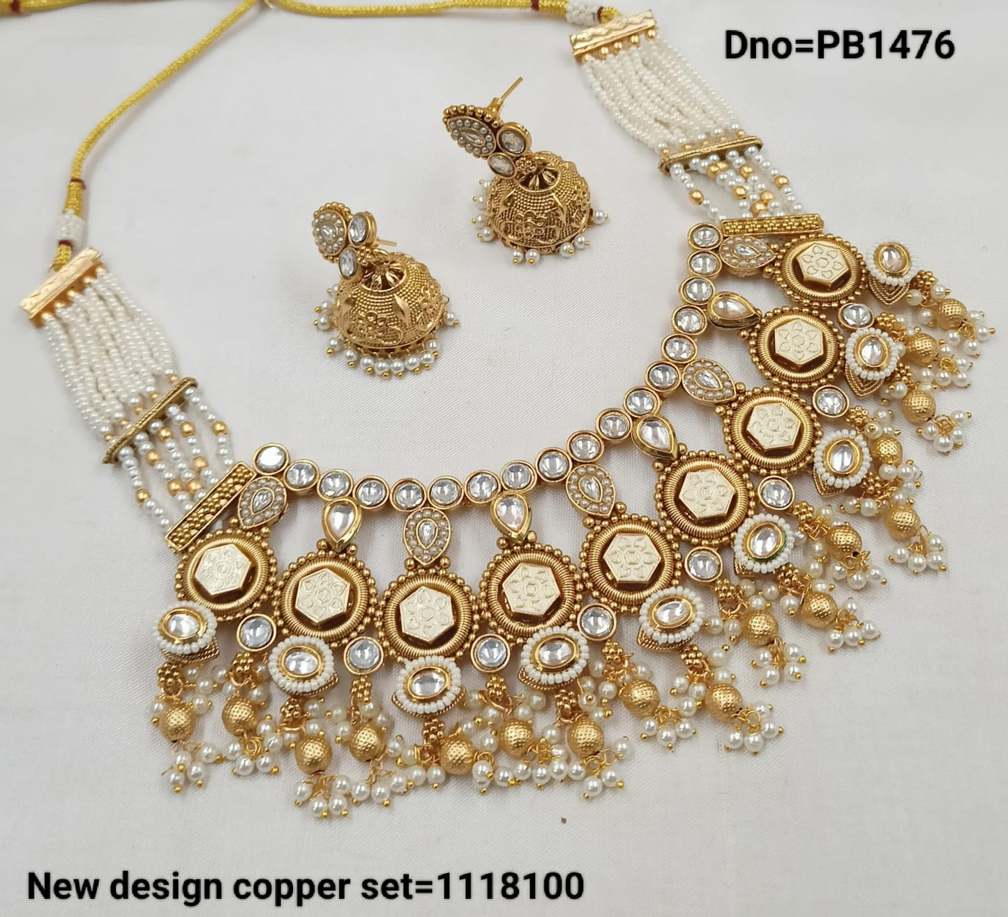 Wedding Gold Polish Copper Choker Kudan Stud Drop  Stylish Necklace Jewellery Set With Earring For Woman