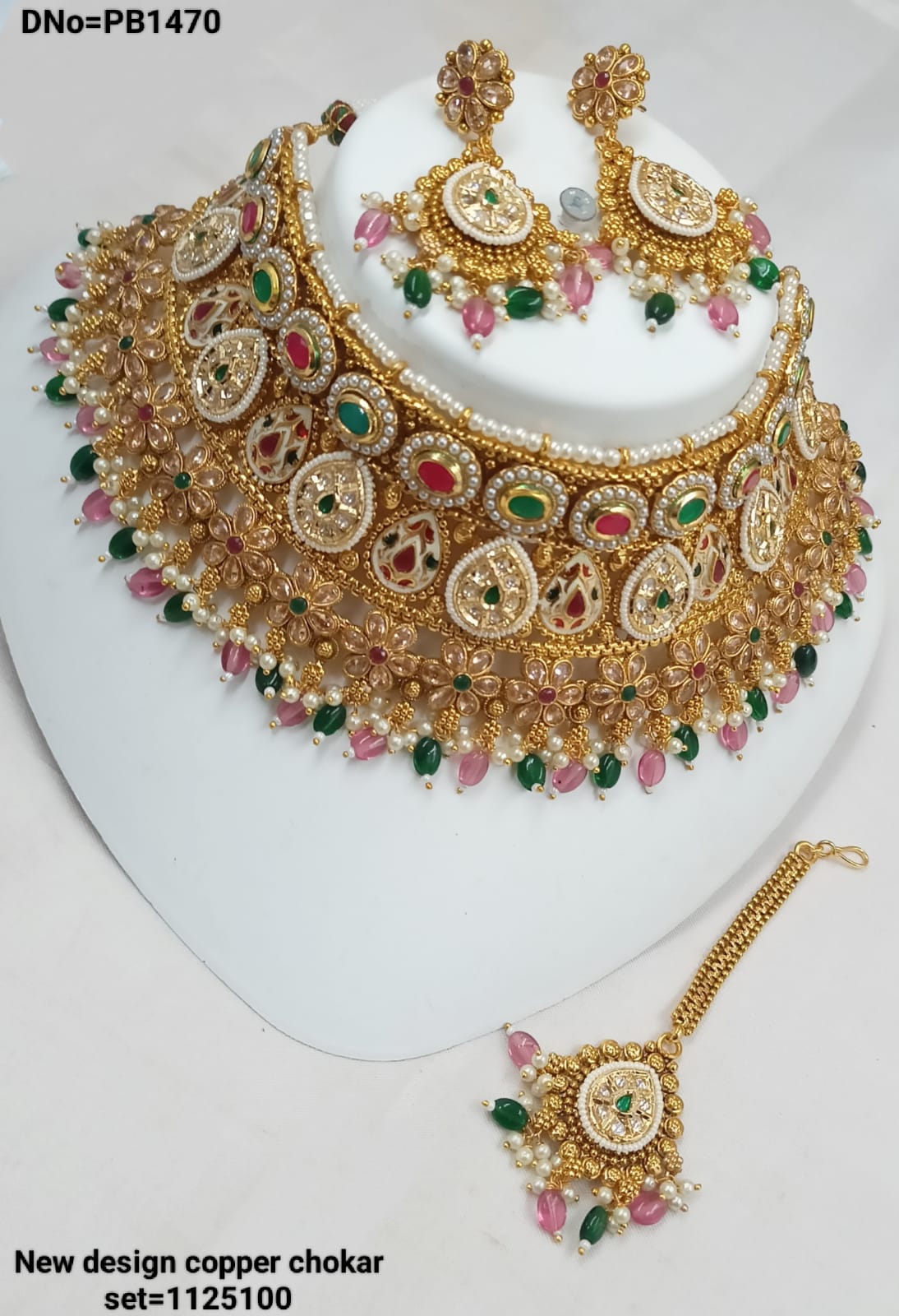 Wedding Gold Polish Copper Choker Drop Necklace Jewellery Set With Earring & Mangtika  For Woman