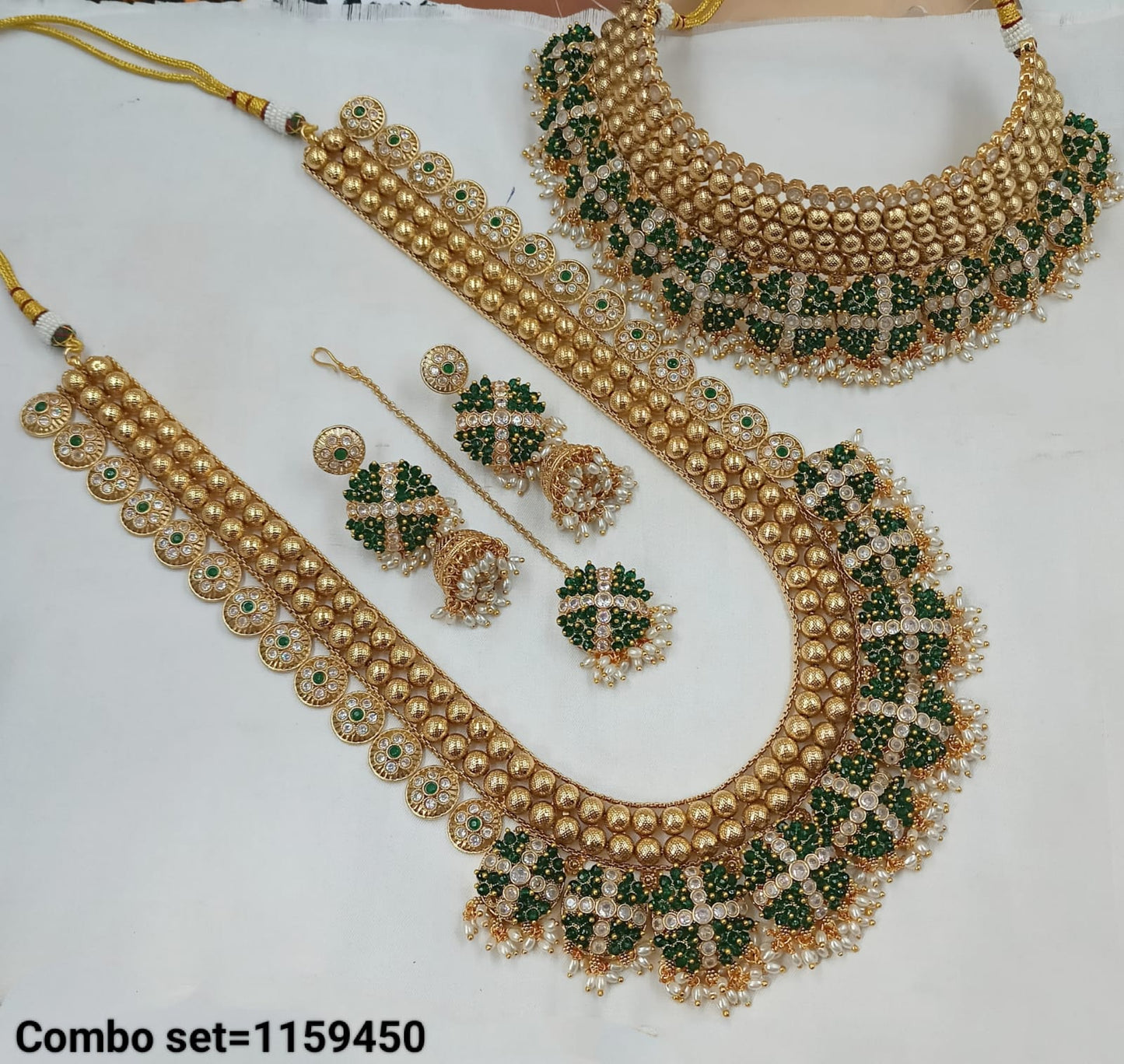 Wedding Gold Plated Latest Pearl Necklace Combo Choker & Long Necklace With Earring & Mangtika Copper Set For Women