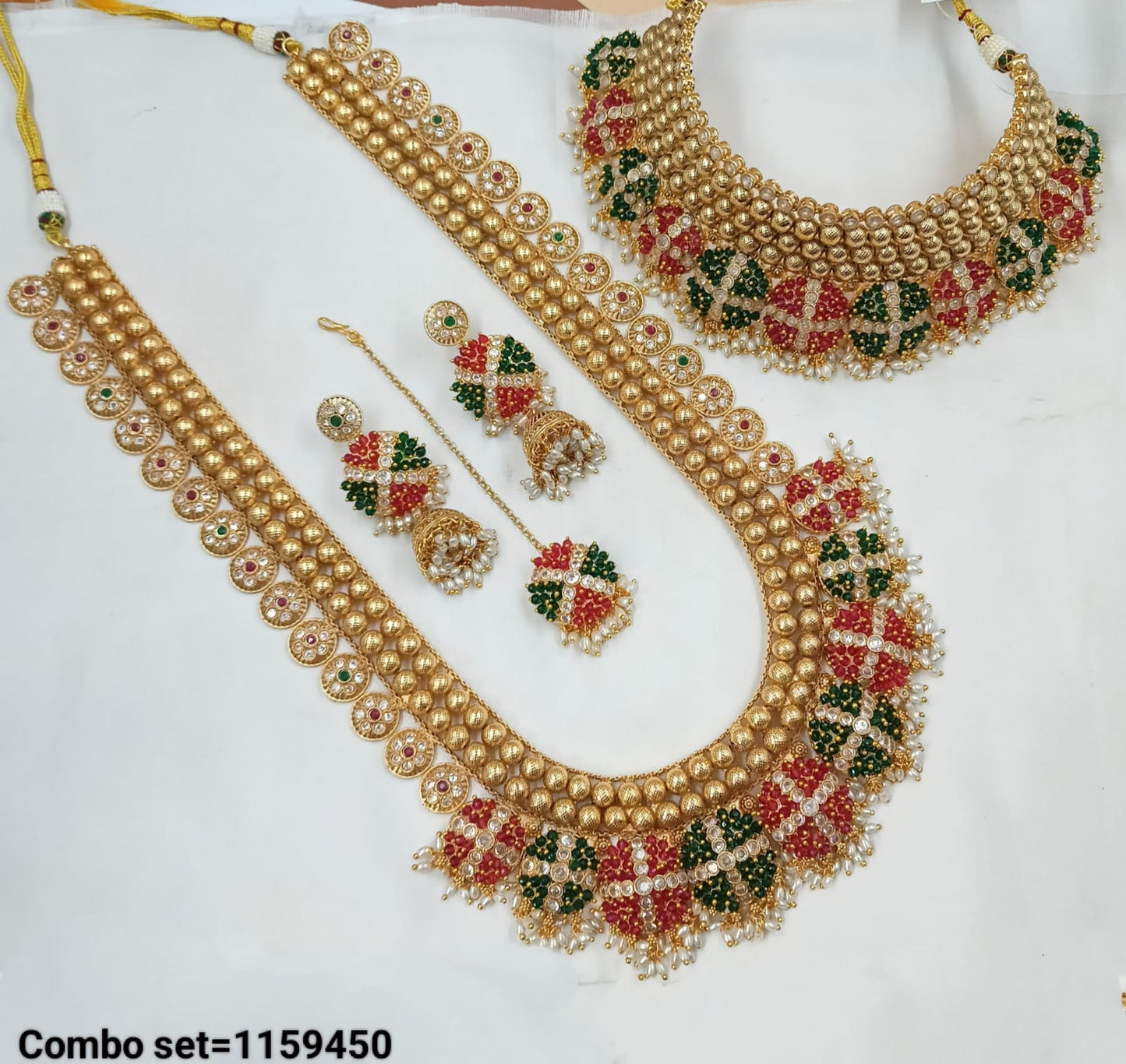 Wedding Gold Plated Latest Pearl Necklace Combo Choker & Long Necklace With Earring & Mangtika Copper Set For Women