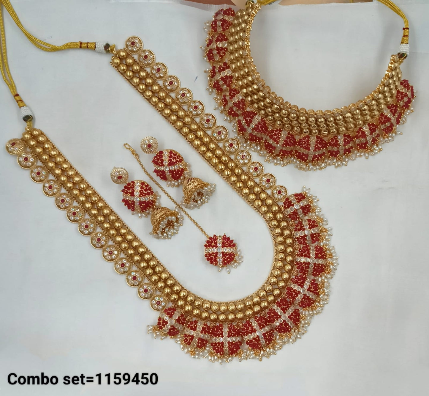 Wedding Gold Plated Latest Pearl Necklace Combo Choker & Long Necklace With Earring & Mangtika Copper Set For Women