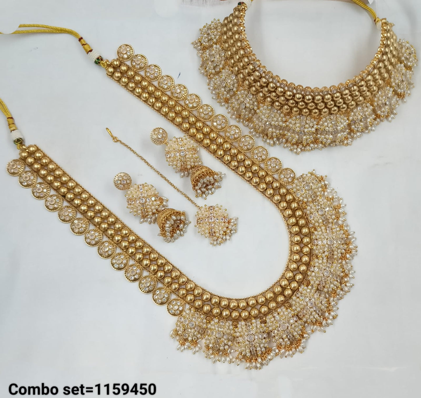 Wedding Gold Plated Latest Pearl Necklace Combo Choker & Long Necklace With Earring & Mangtika Copper Set For Women