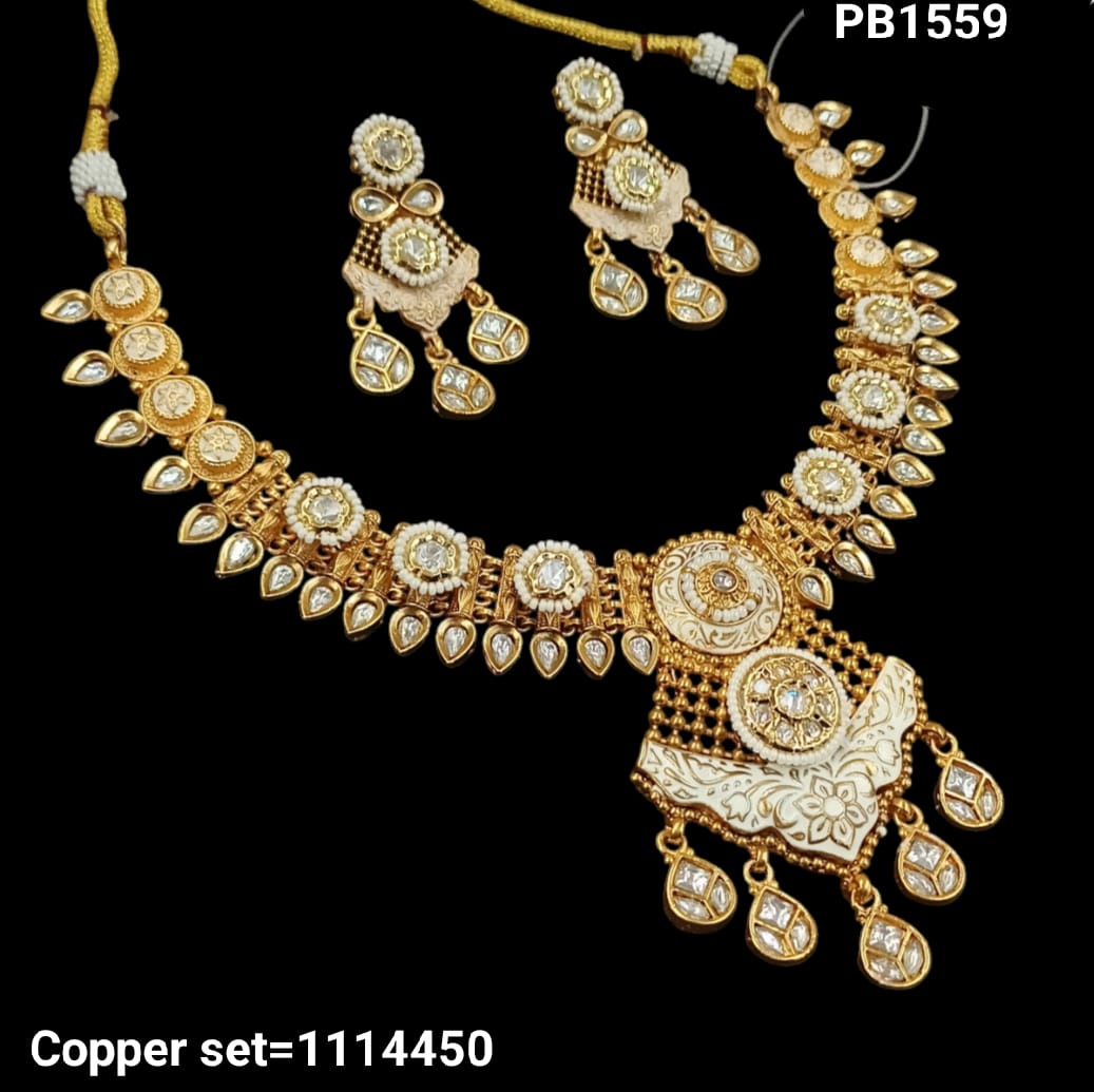 Traditional Wedding Gold Polish Copper Choker Necklace Jewellery Set With Earring For Woman