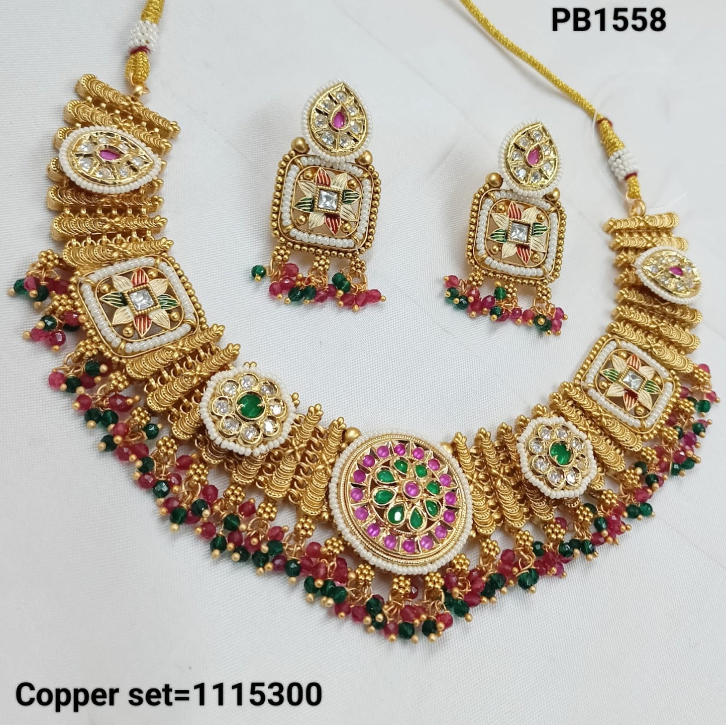 Traditional Wedding Gold Polish Copper Choker Necklace Jewellery Set With Earring For Woman