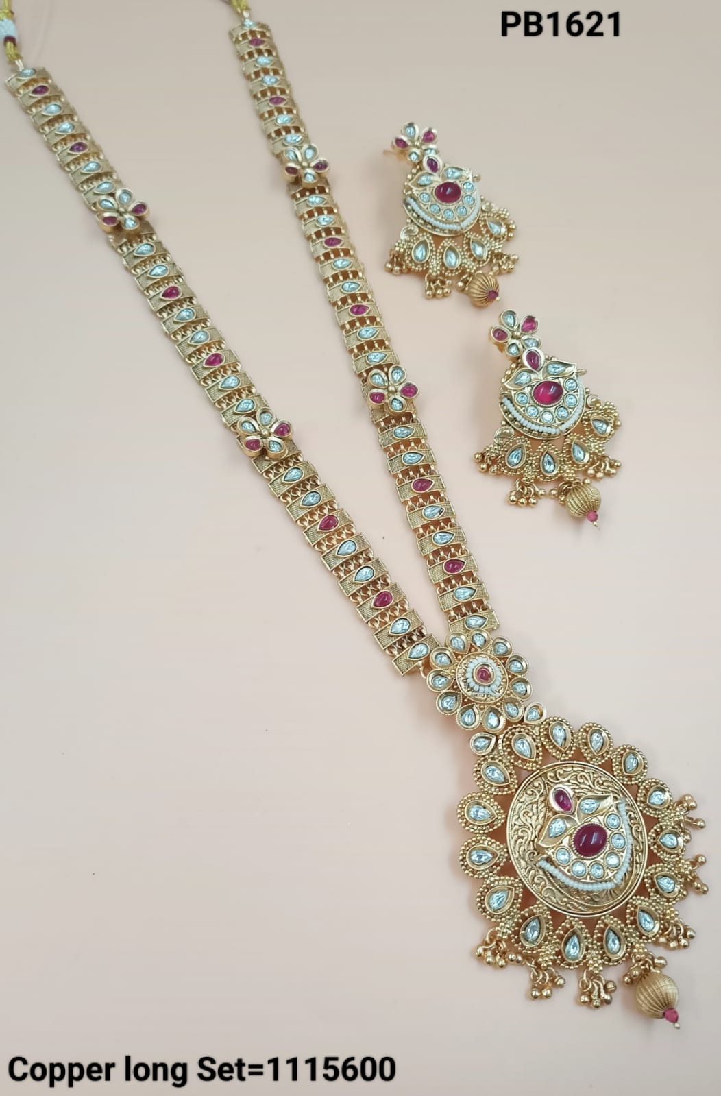 Latest Traditional Gold Polish Copper Long Wedding Necklace Jewellery Set With Earring For Woman.