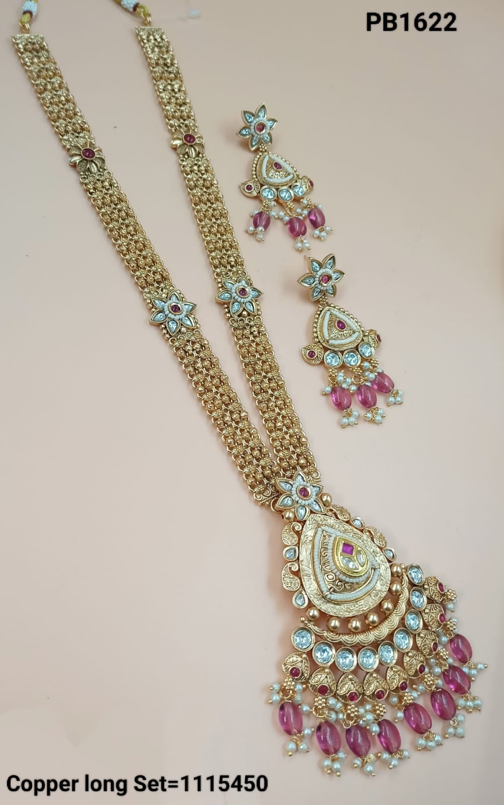 Traditional Gold Polish Copper Long Necklace Meena Work with drop  Necklace Jewellery Set With Earring For Woman