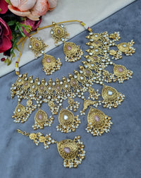 Antique Gold Floral Necklace Set with Earrings & Maangtikka